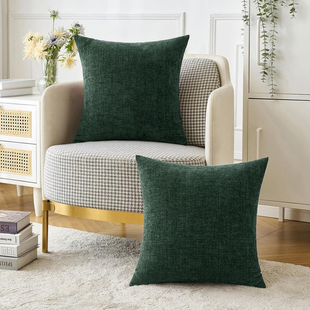Miulee Pack of 2 Green Throw Pillow Covers 18x18 Inch Soft Chenille Pillow Covers for Sofa Living Room Couch Solid Dyed Cases wood Green