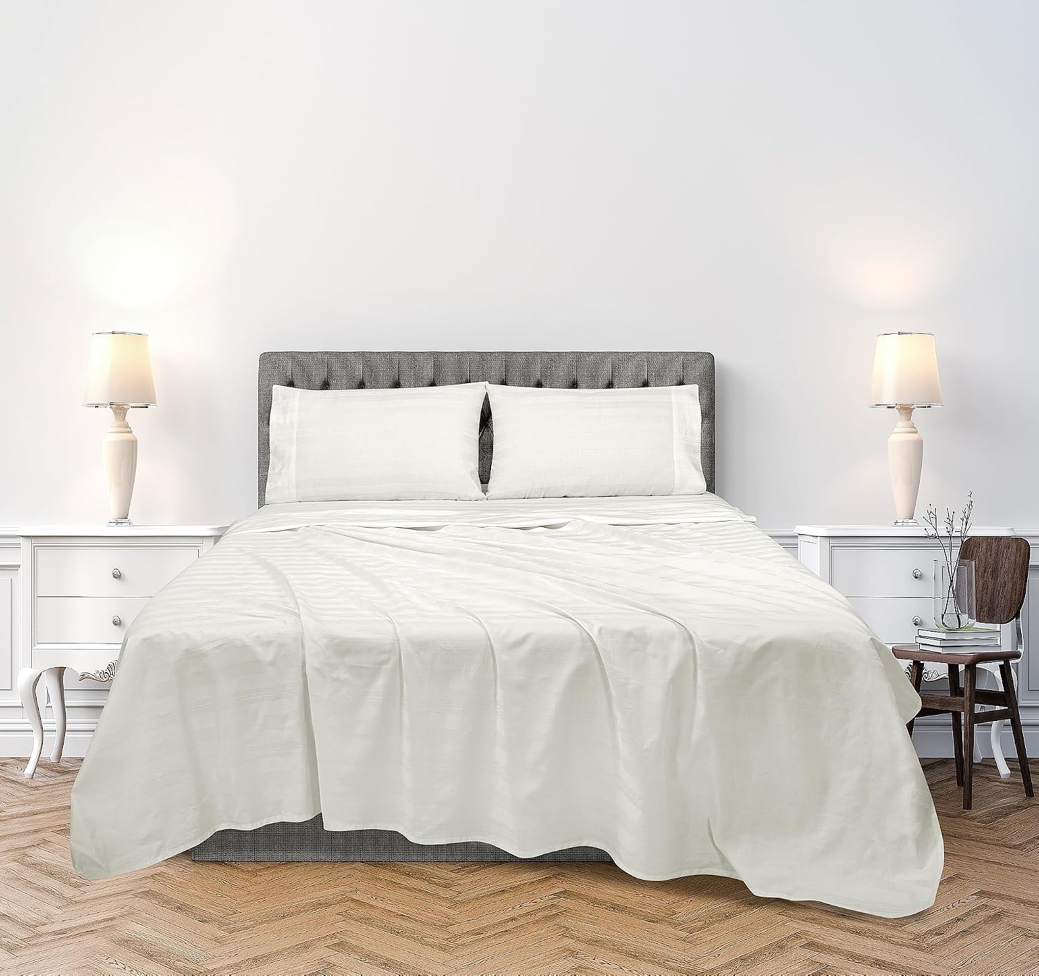 Royalelinens ROYALE LINENS 300 Thread Count 100% Long Staple Combed Cotton Striped Sheet Set - 4 Piece King Bed Sheets - 1 Fitted, 1 Flat &…