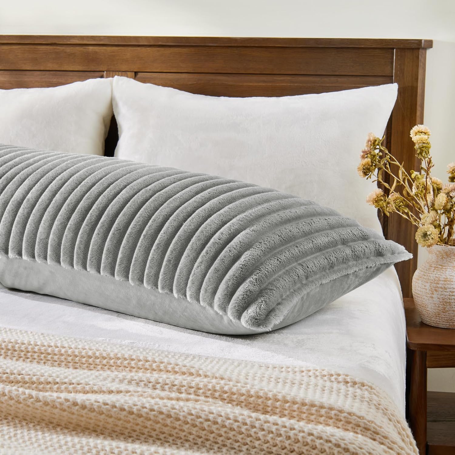 Bedelite Fluffy Faux Fur Body Pillow Cover with Zipper, Luxury Plush 3D Striped Pillow Cover 20x54 Inches, Super Soft and Cozy Long Body Pi…