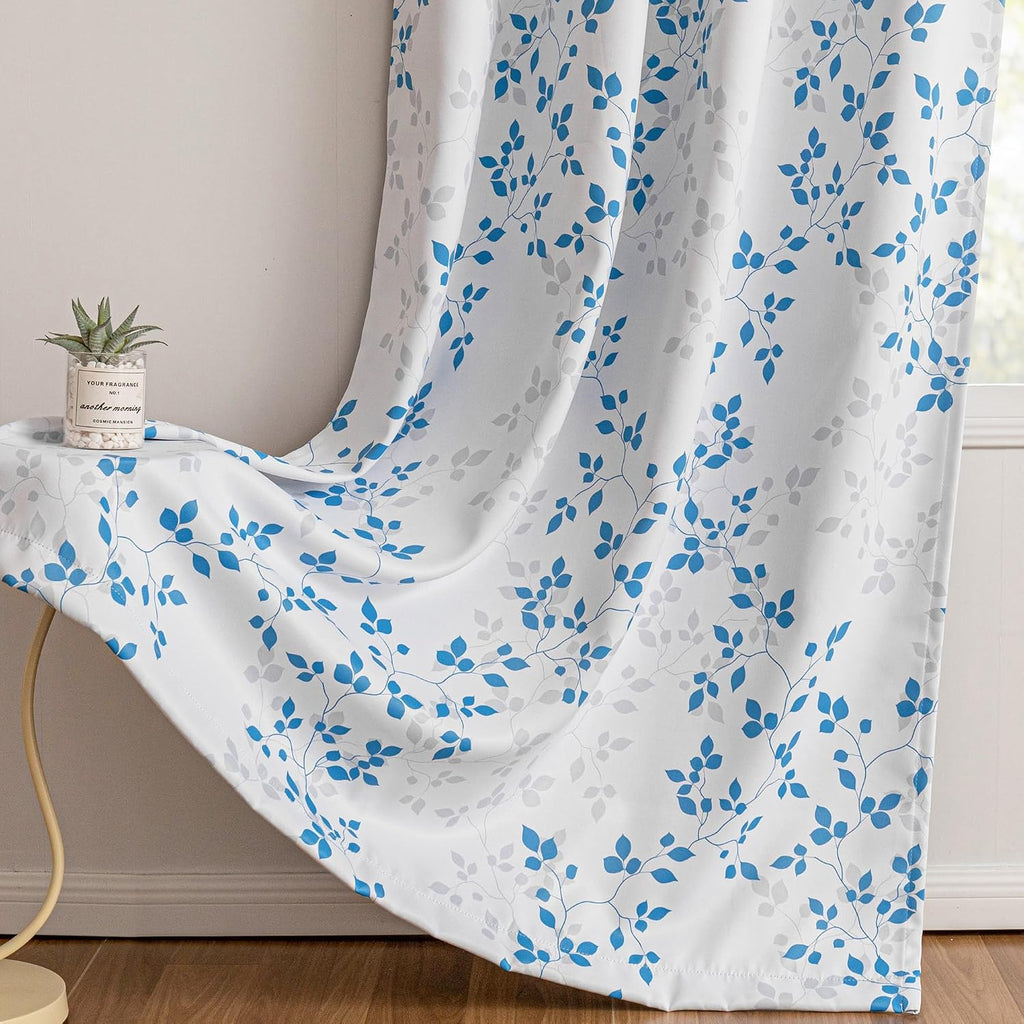 Meetsky Blue 95% Blackout Curtains for Living Room - Leaf Printed Grommet Thermal Insulated Sunlight Blocking Drapes, Privacy Assured Windo…