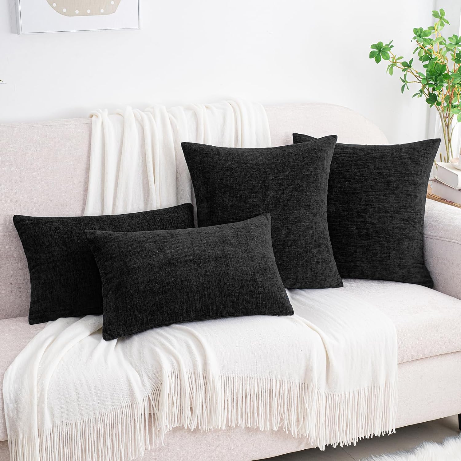 Hwy50 HWY 50 Black Couch Pillow Covers 16x16 Inch Pack of 2, Soft Chenille Decorative Throw Pillow Cases Farmhouse for Sofa Living Room Bed…