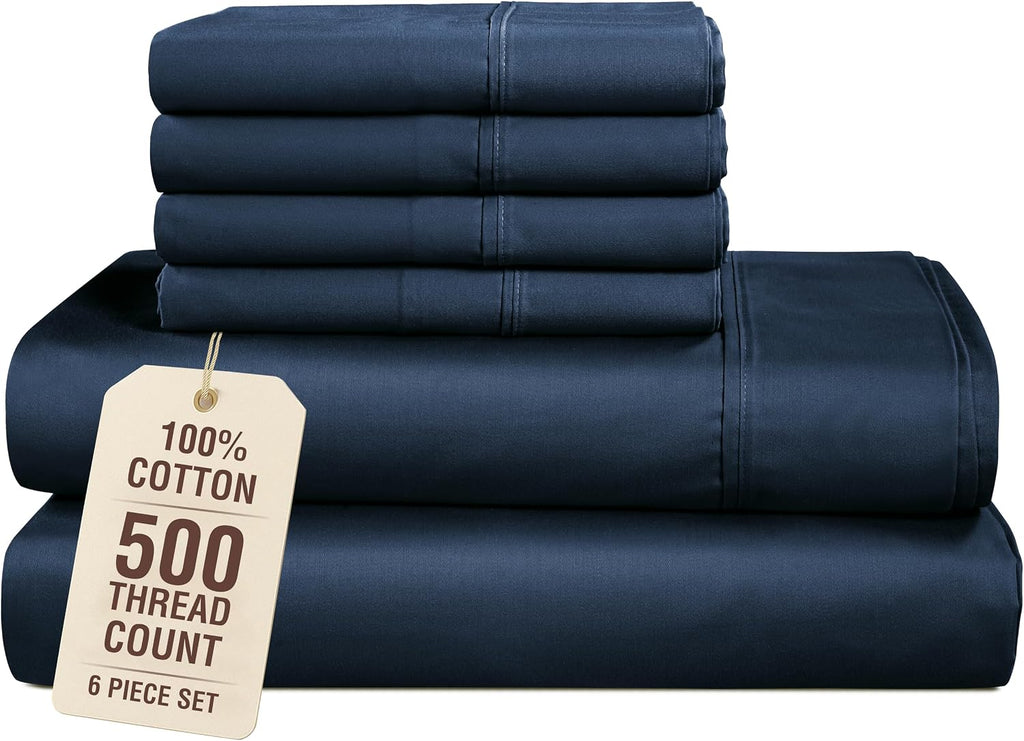 Casa Platino 100% Cotton Cal King Size Sheets, 6 Piece Bed Set with 500 Thread Count Silky Smooth Sateen, 15 Inch Deep Pocket Fitted…