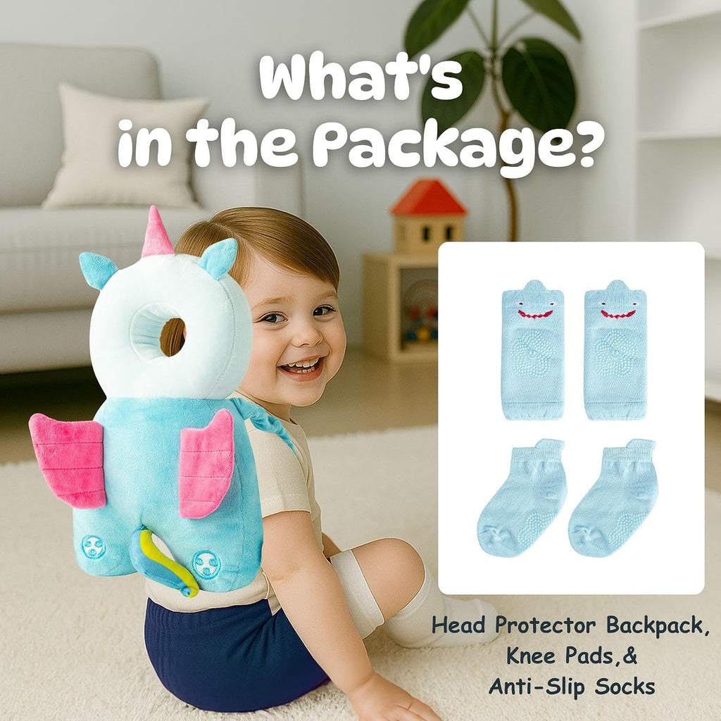 Baby Head Protector Backpack (9 to 24 Months) - Cute Head Guard Pillow with Knee Pads and Socks, Crawling and Walking Safety Set, Toddler…