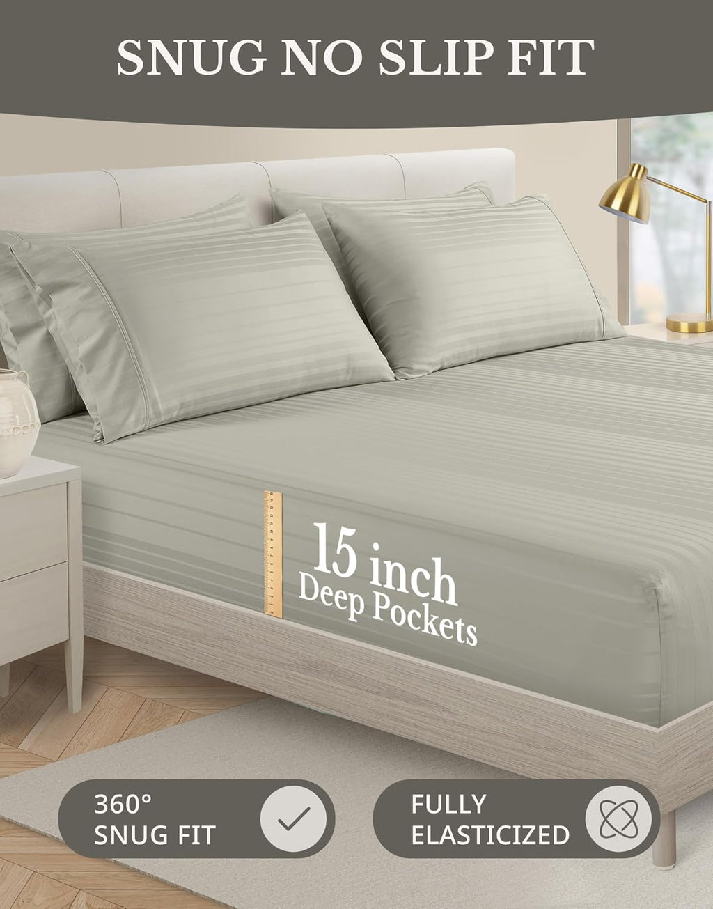Casa Platino 100% Cotton Sheets Queen Size - 6 Pcs (1 Flat, 1 Fitted, 4 Pillowcases) - Striped 500 TC - Ultra Smooth Sateen Weave Bed…