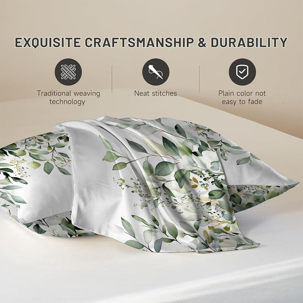 Imitation Silk Pillowcase for Hair and Skin Floral Watercolor Green Branches 1 Pack Satin Queen Pillowcase with Hidden Zipper Cooling…