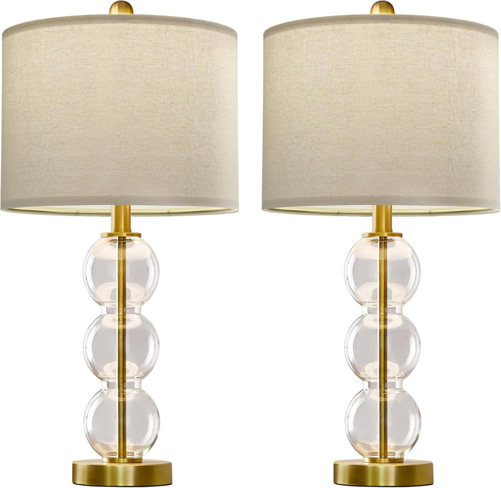 Oneach 25" Glass Table Lamps Set of 2, Gold Modern Table Lamps with USB Ports for Living Room, Linen Shade Bedside Lamps for Bedroom, Night…