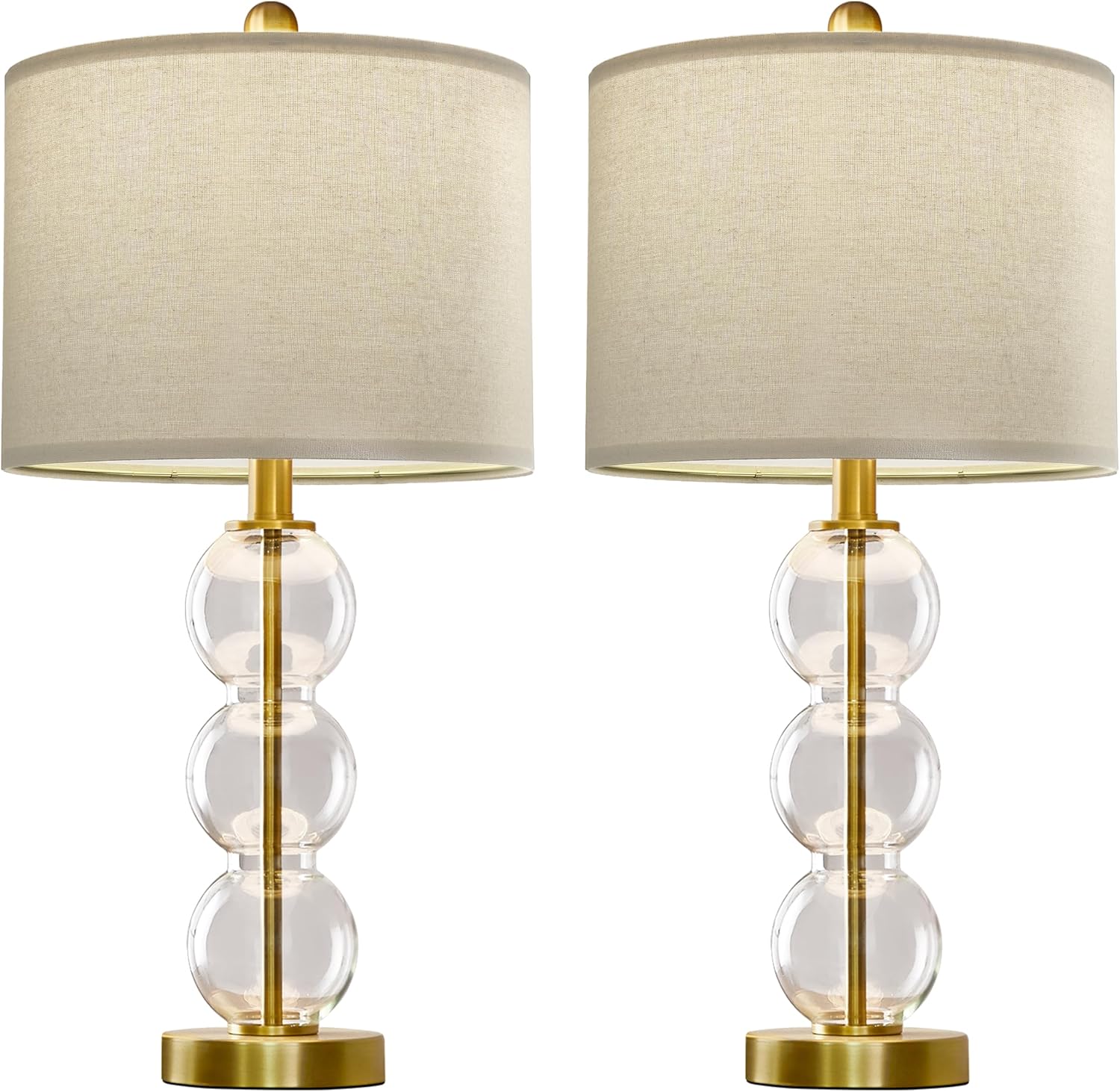 Oneach 25" Glass Table Lamps Set of 2, Gold Modern Table Lamps with USB Ports for Living Room, Linen Shade Bedside Lamps for Bedroom, Night…
