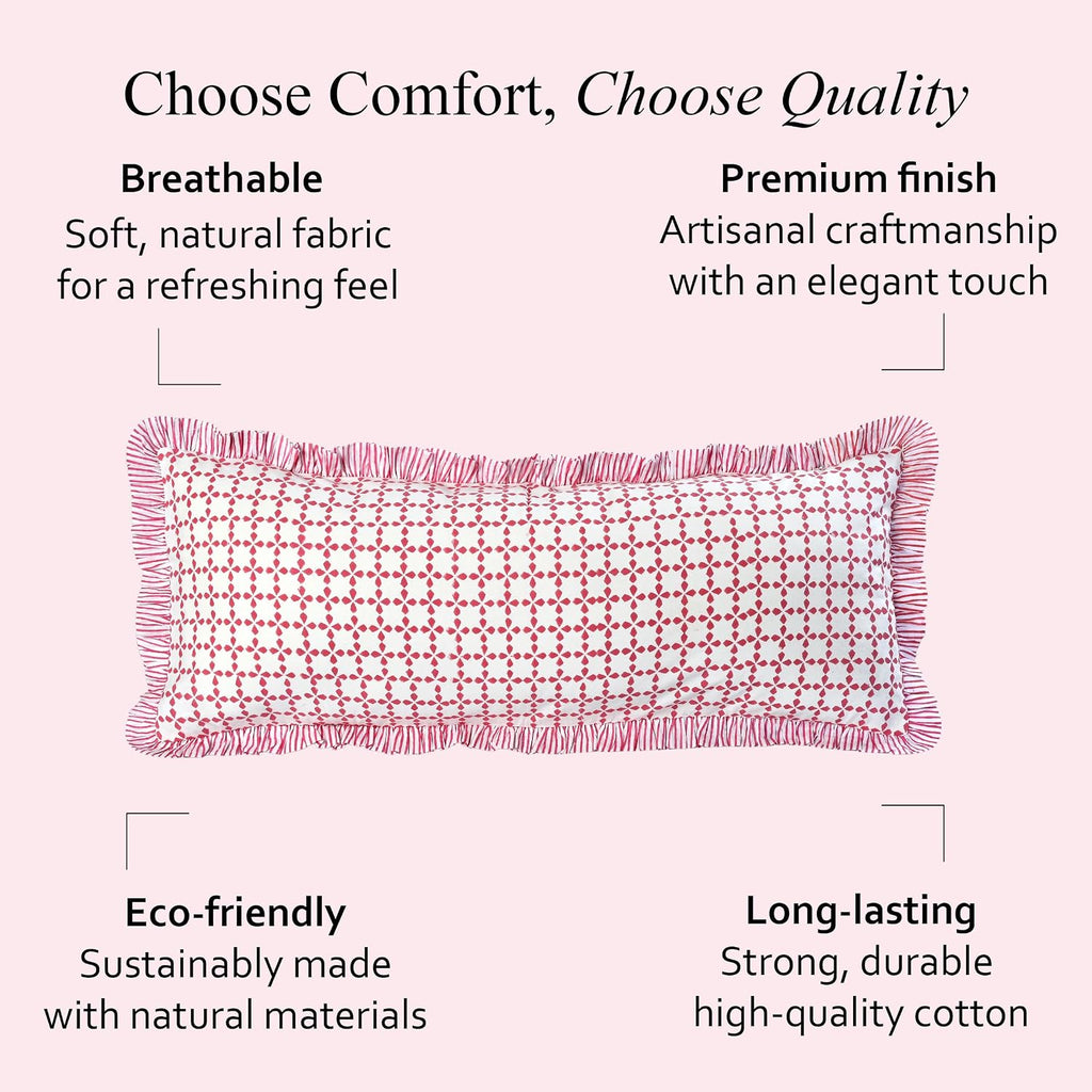 Cottonprintclub CPC Hand Block Print Magenta Pink Ruffle Sham Pillow Cover 36" x 14" inch Hidden Zipper Decorative Pillowcase for Couch, Be…