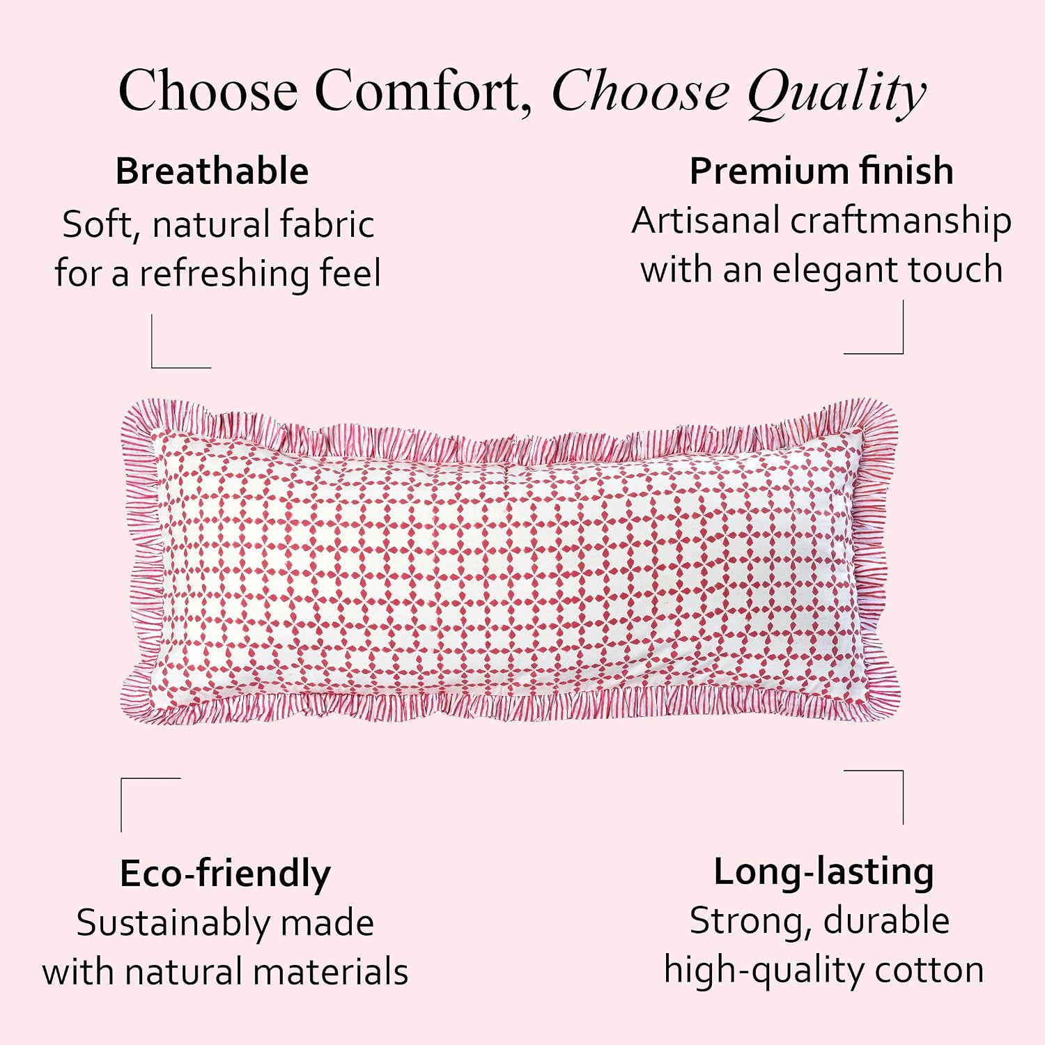 Cottonprintclub CPC Hand Block Print Magenta Pink Ruffle Sham Pillow Cover 36" x 14" inch Hidden Zipper Decorative Pillowcase for Couch, Be…