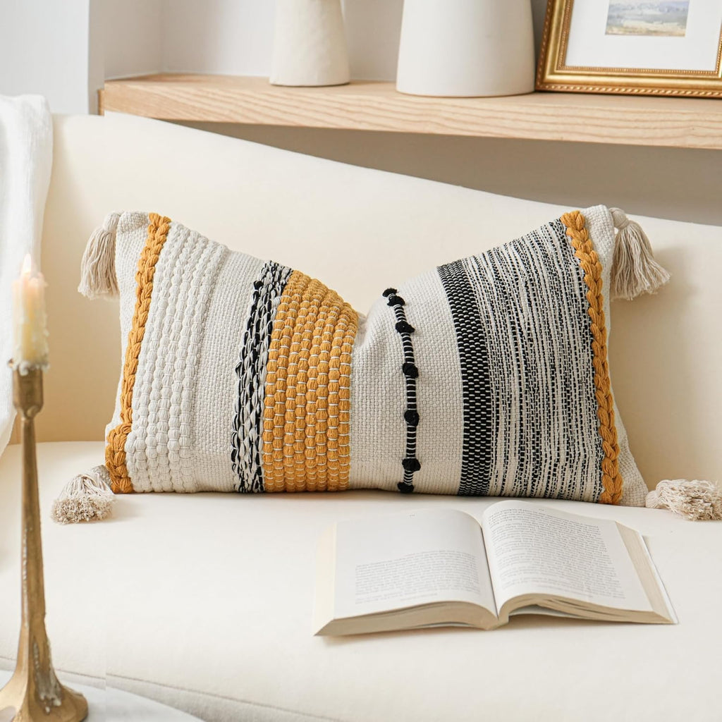 BlissBlush Decorative Lumbar Throw Pillow Cover 14x24 Boho Yellow Mustard Accent Cushion for Couch Sofa Farmhouse Pillowcase for Bedroom…