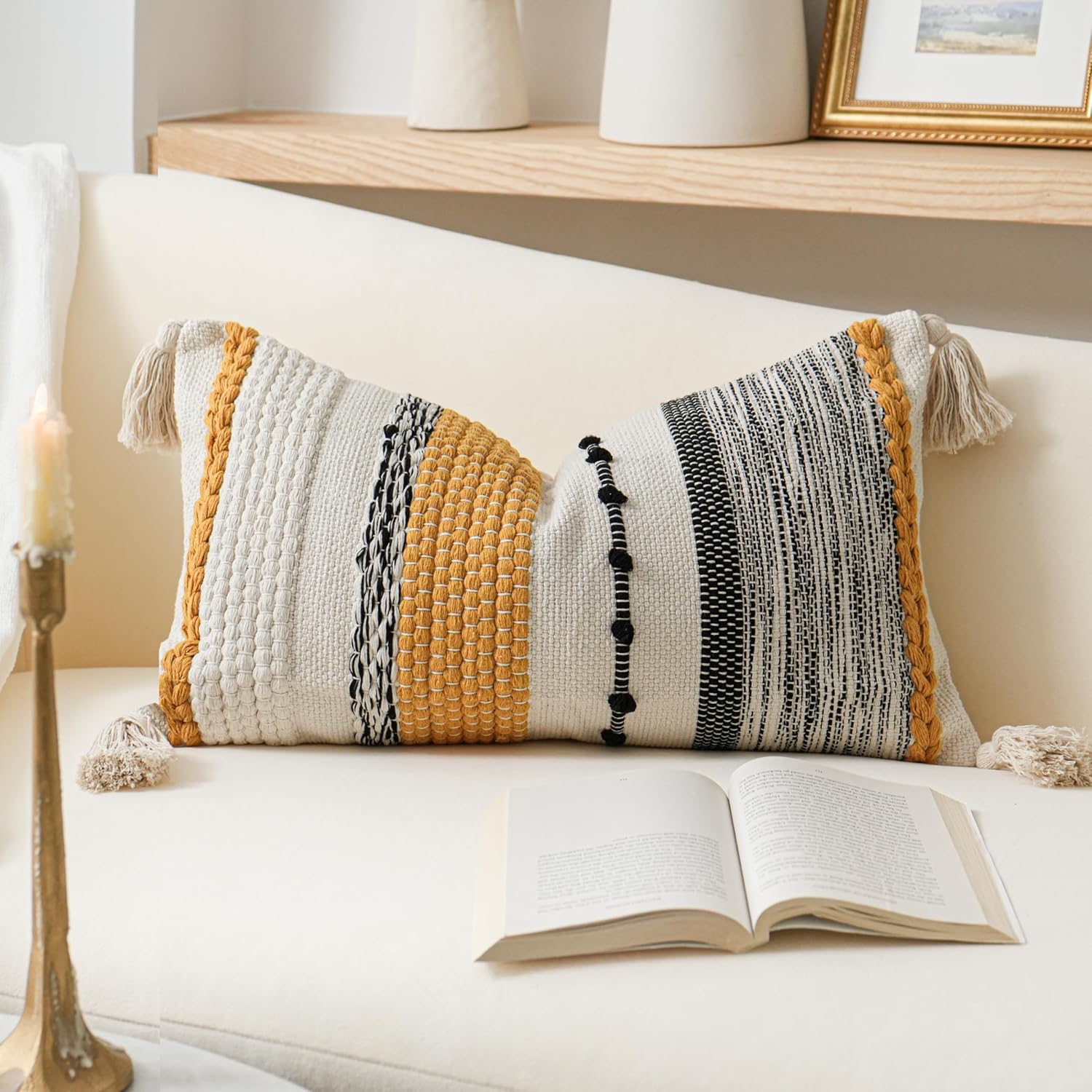 BlissBlush Decorative Lumbar Throw Pillow Cover 14x24 Boho Yellow Mustard Accent Cushion for Couch Sofa Farmhouse Pillowcase for Bedroom…