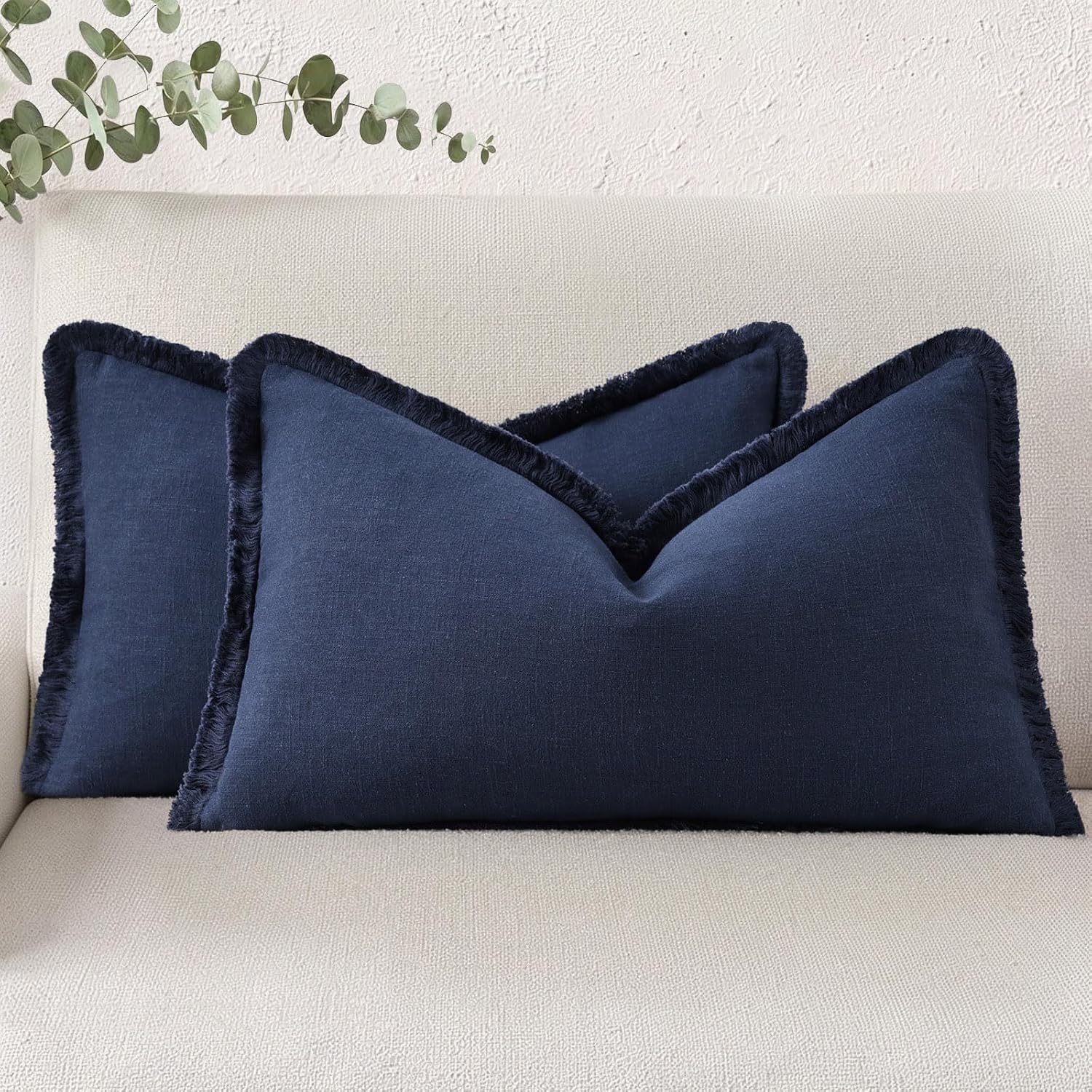 decorUhome Summer Decorative Neutral Linen Fringe Lumbar Throw Pillow Covers Set of 2 Navy Blue Pillow Covers with Tassels Soft Farmhouse B…