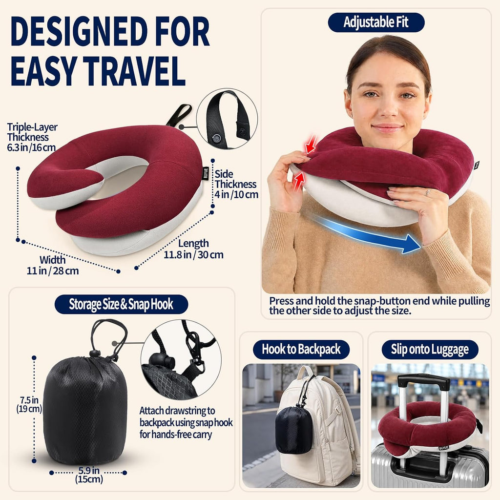 BUYUE Travel Neck Pillows for Airplanes, Memory Foam 360° Head Support Sleep for Long Flight, Skin-Friendly & Breathable, Kit with Eye…