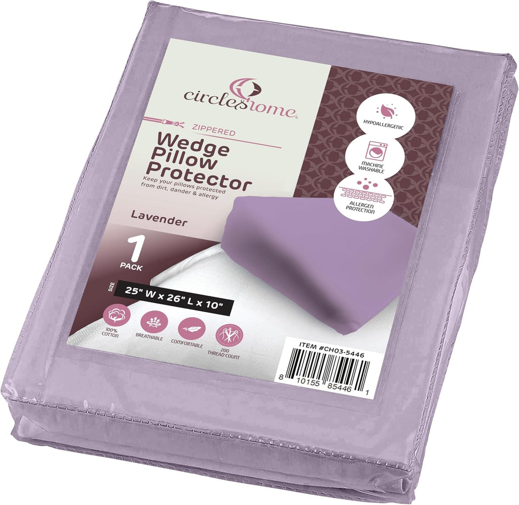 CirclesHome Wedge Pillow Cover 100% Cotton, Zippered Wedge Pillow Case Protector, Soft, Hypoallergenic & Breathable - Lavender, (25Wx26Lx10…