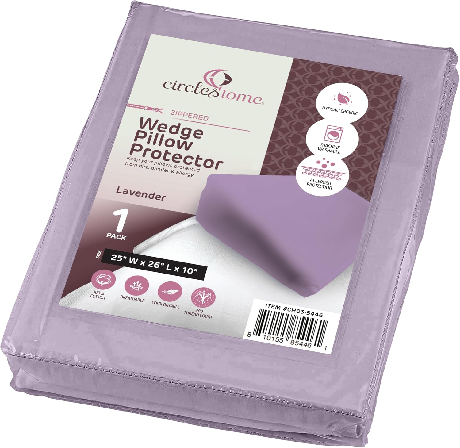 CirclesHome Wedge Pillow Cover 100% Cotton, Zippered Wedge Pillow Case Protector, Soft, Hypoallergenic & Breathable - Lavender, (25Wx26Lx10…