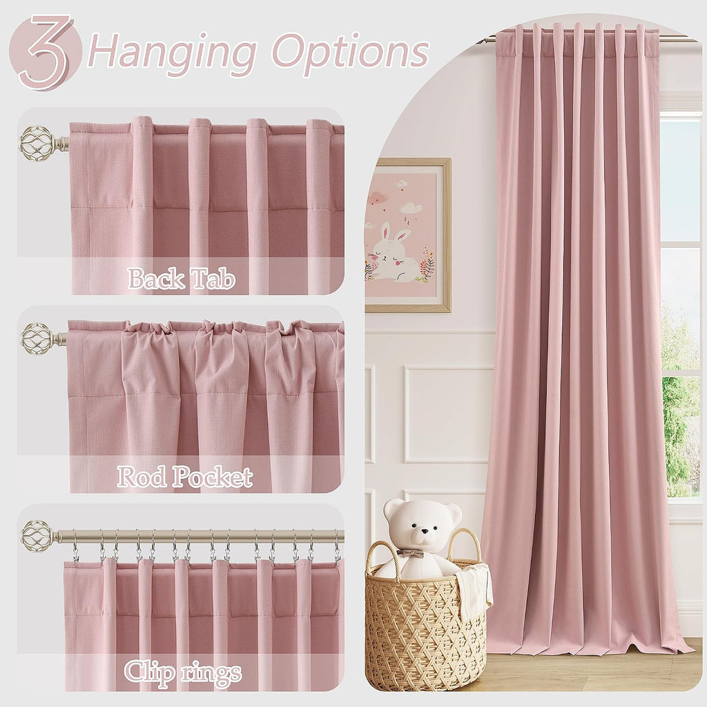 Guken Pink 100% Blackout Linen Curtains 120 Inch 2 Panels Set for Girl's Bedroom, Living Room, Nursery, Back Tab/Rod Pocket Thermal Insulat…