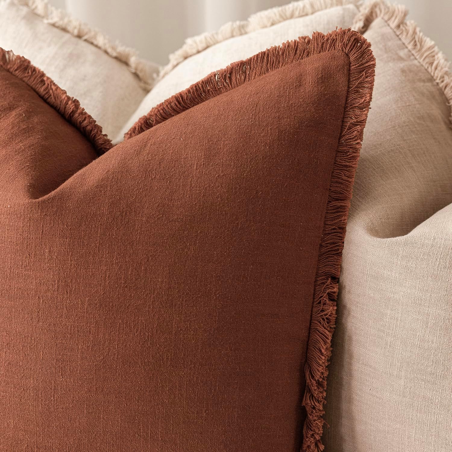 Foindtower Set of 2 Decorative Linen Fringe Throw Pillow Covers Farmhouse Cushion Cover with Tassels Soft Accent Pillowcase for Couch…