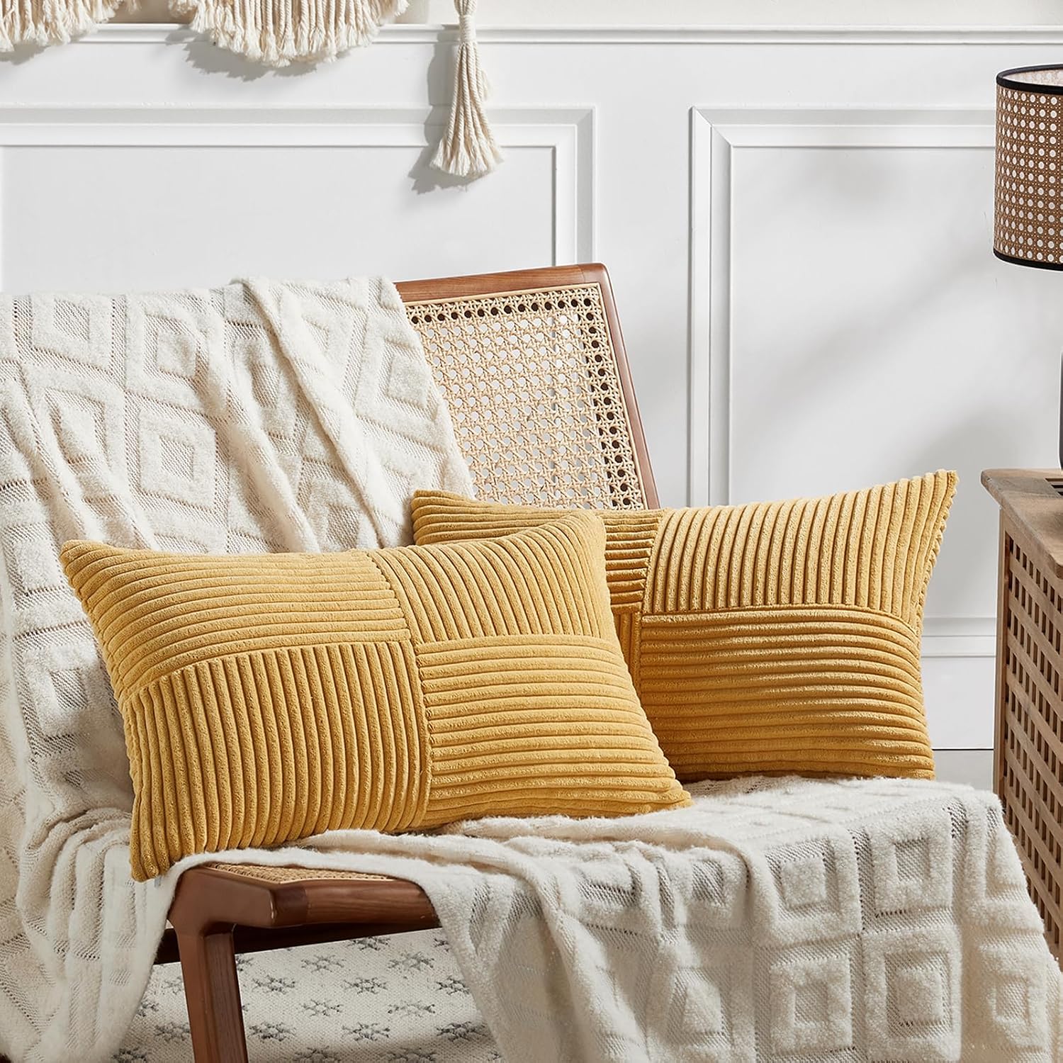 Fancy Homi 2 Packs Gold Yellow Lumbar Decorative Throw Pillow Covers 14x24 Inch for Couch Bed Sofa, Rustic Farmhouse Boho Spring Home…