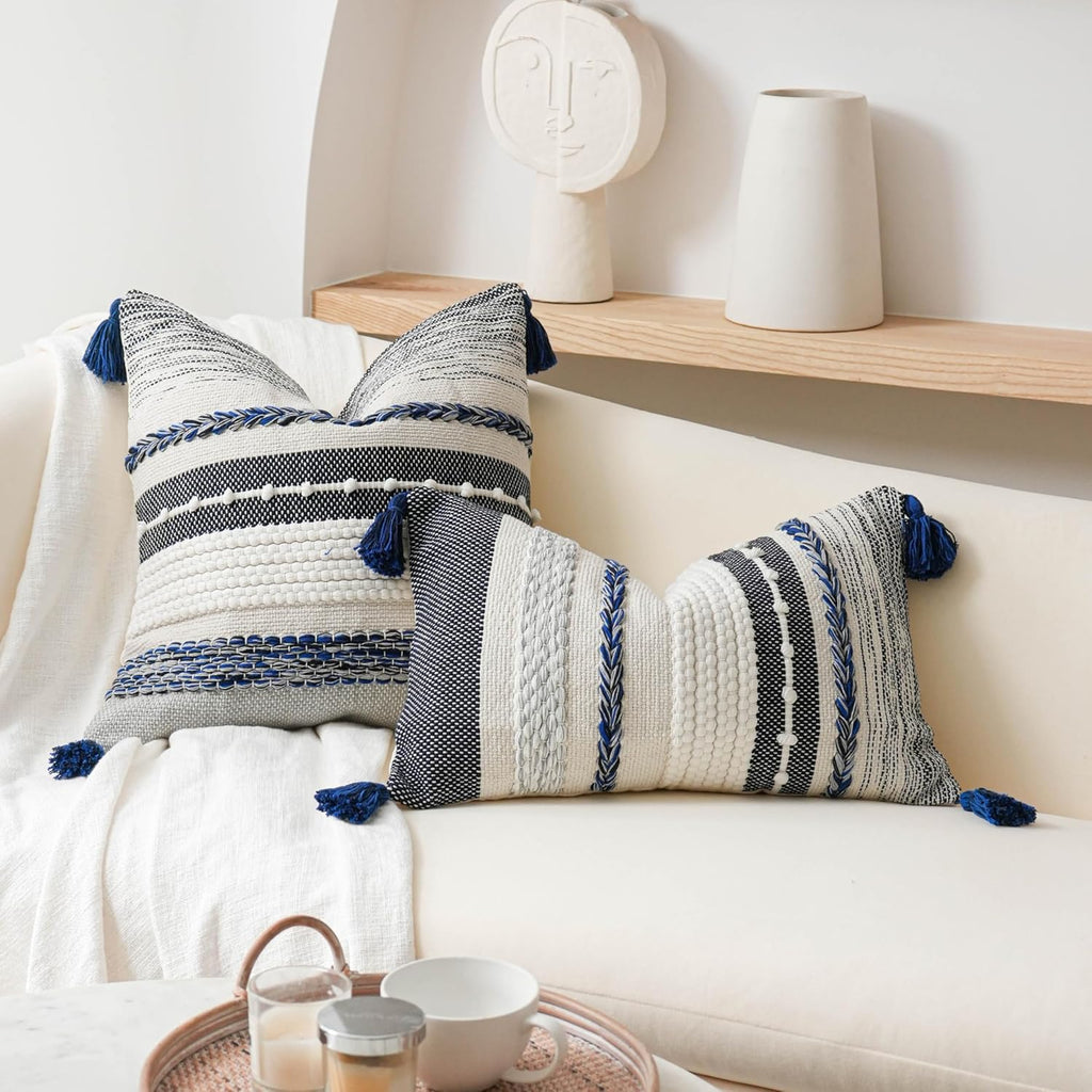 BlissBlush Navy Dark Blue Decorative Throw Pillow Cover 18x18 Square Boho Accent Pillowcase Tassels Farmhouse Cushion for Couch Sofa…