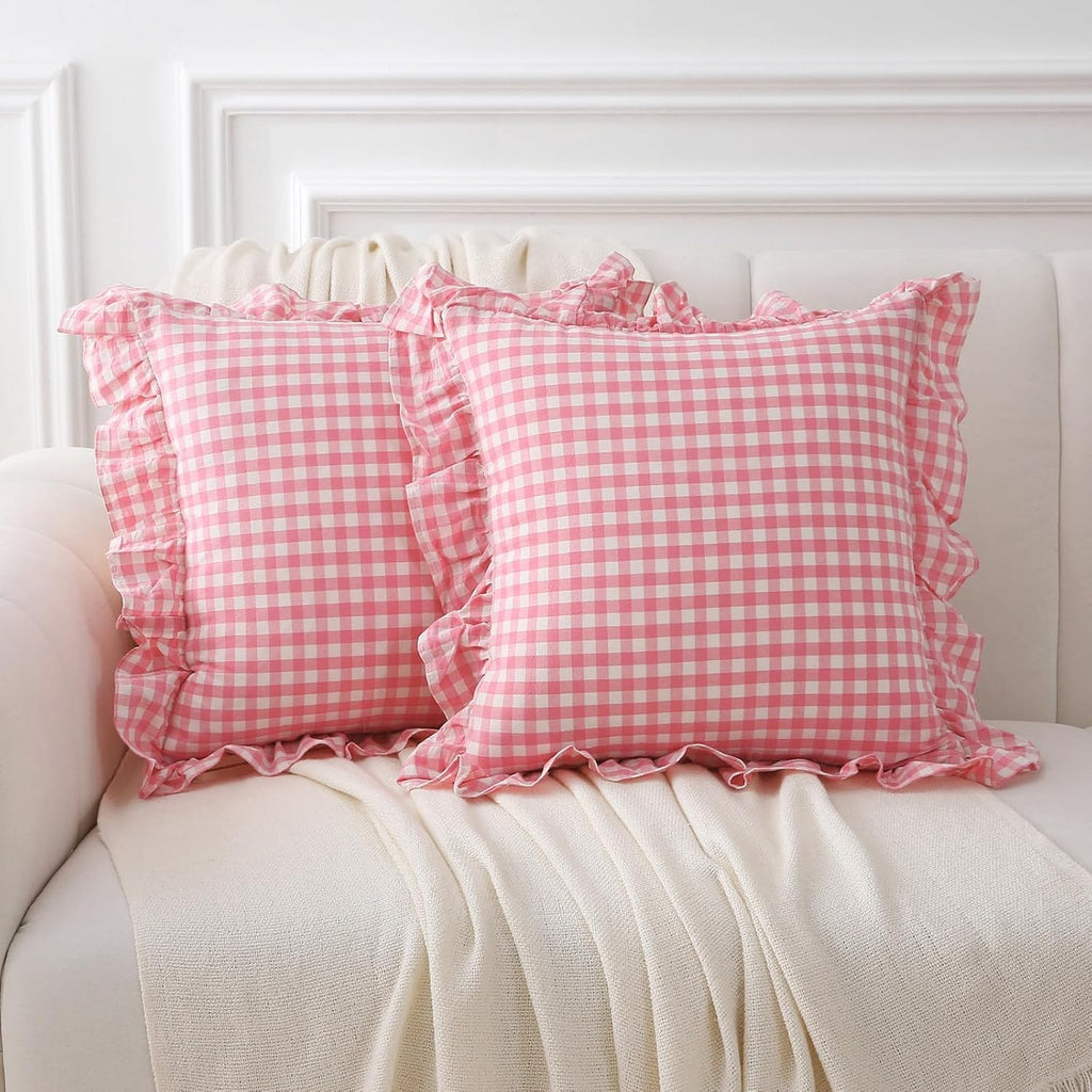 Kmasaniji 2 Pack Coral Pink White Plaid Ruffle Gingham Throw Pillow Covers, 100% Washed Cotton Checkered Coquette Decorative Pillow Shams f…