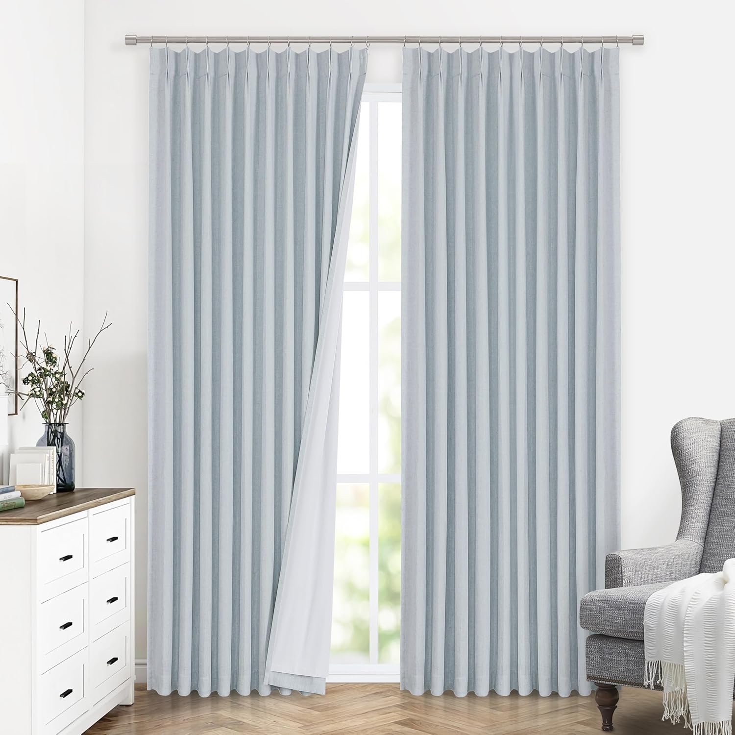 VisionHome Vision Home Blue Fog Pinch Pleated Full Blackout Curtains Linen Blended Room Darkening Window Curtains 72 inch for Living Room B…