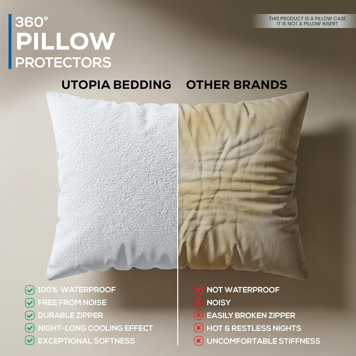 Utopiabedding Utopia Bedding Set of 2 Waterproof Pillow Protectors with Zipper Standard Size, Terry Pillow Covers, Bed Bug and Dust Mite Pr…