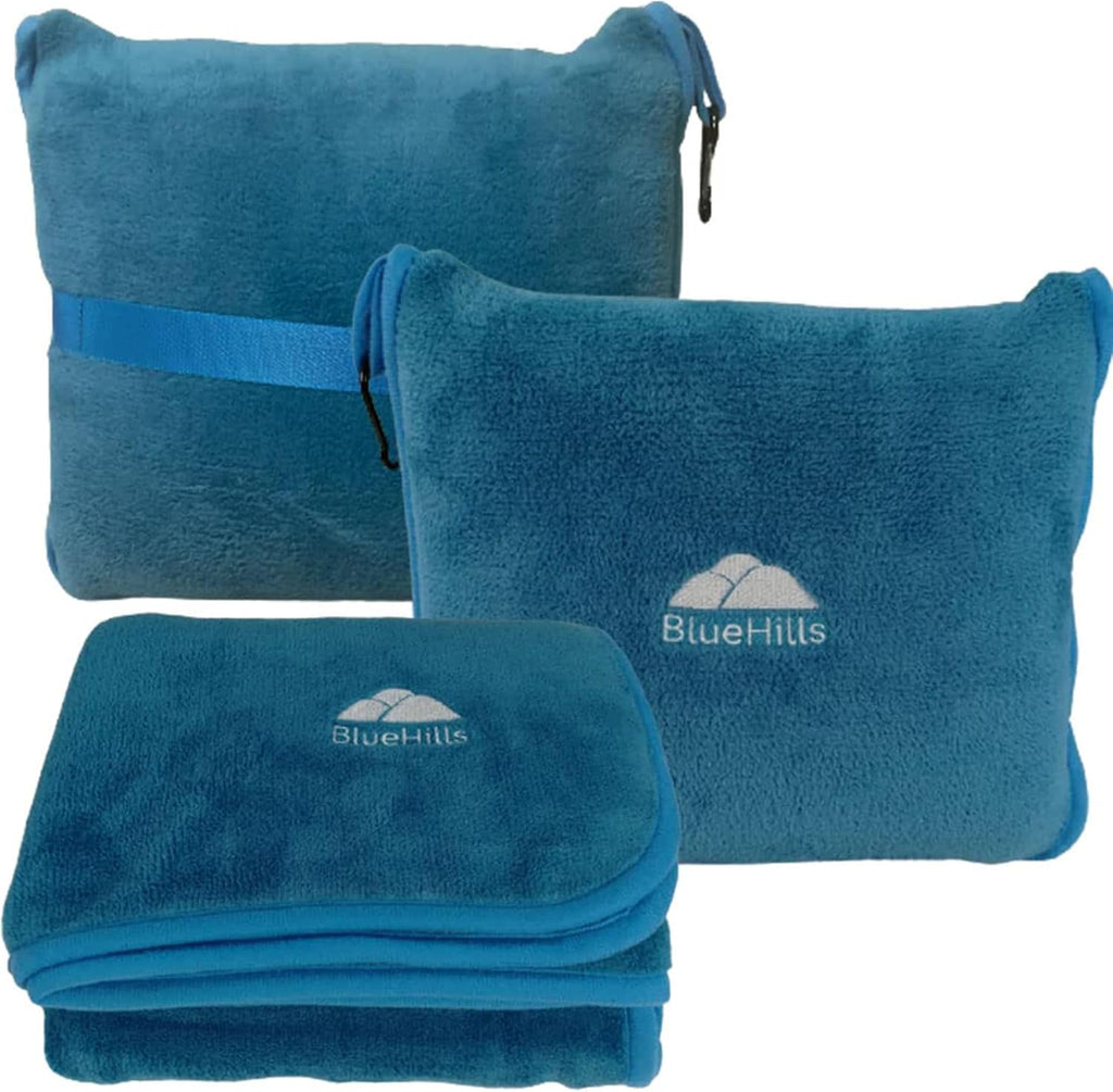 BlueHills Premium Soft Travel Blanket Pillow Airplane Blanket in Soft Bag case with Hand Luggage Belt and Carabiner Compact Pack Large…