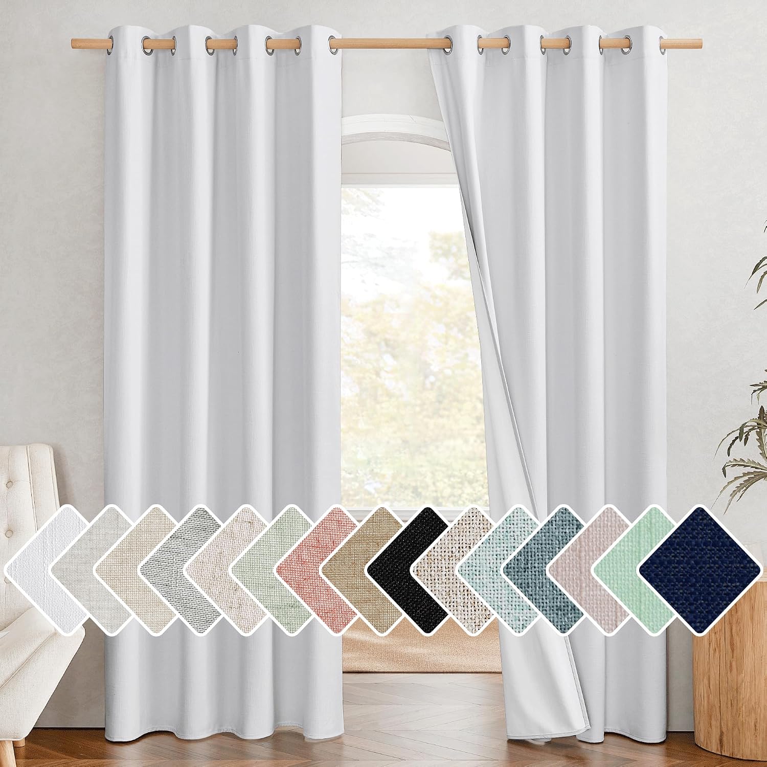 NICETOWN 100% Absolutely Blackout Linen Curtains with Thermal Insulated White Liner, White, 52 inches Wide, 84 inches Length Energy…