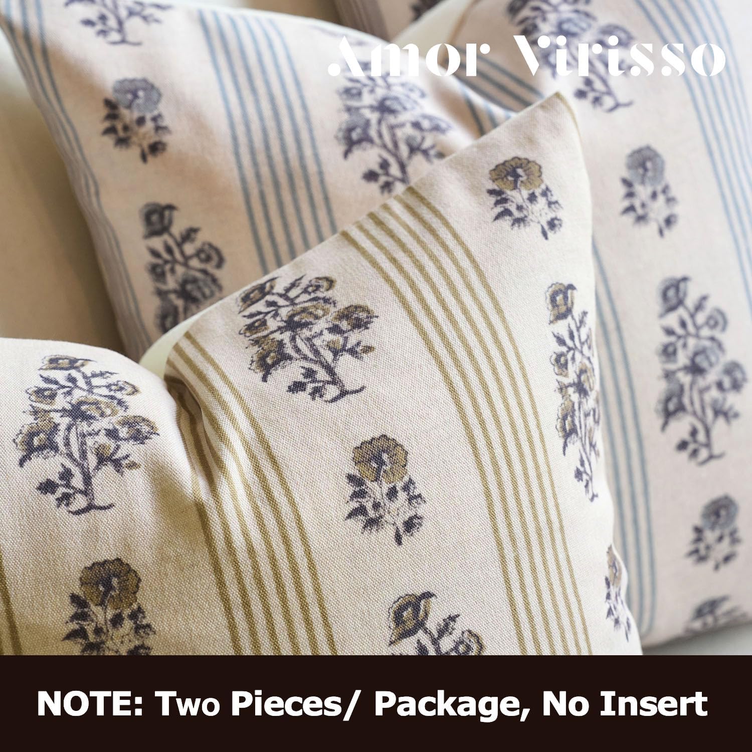 AffordableFloralPrintMaker Amor Virisso Floral Throw Pillow Covers 20x20 Set of 2 Block Print Pillow Covers Neutral Floral Striped Farmhous…
