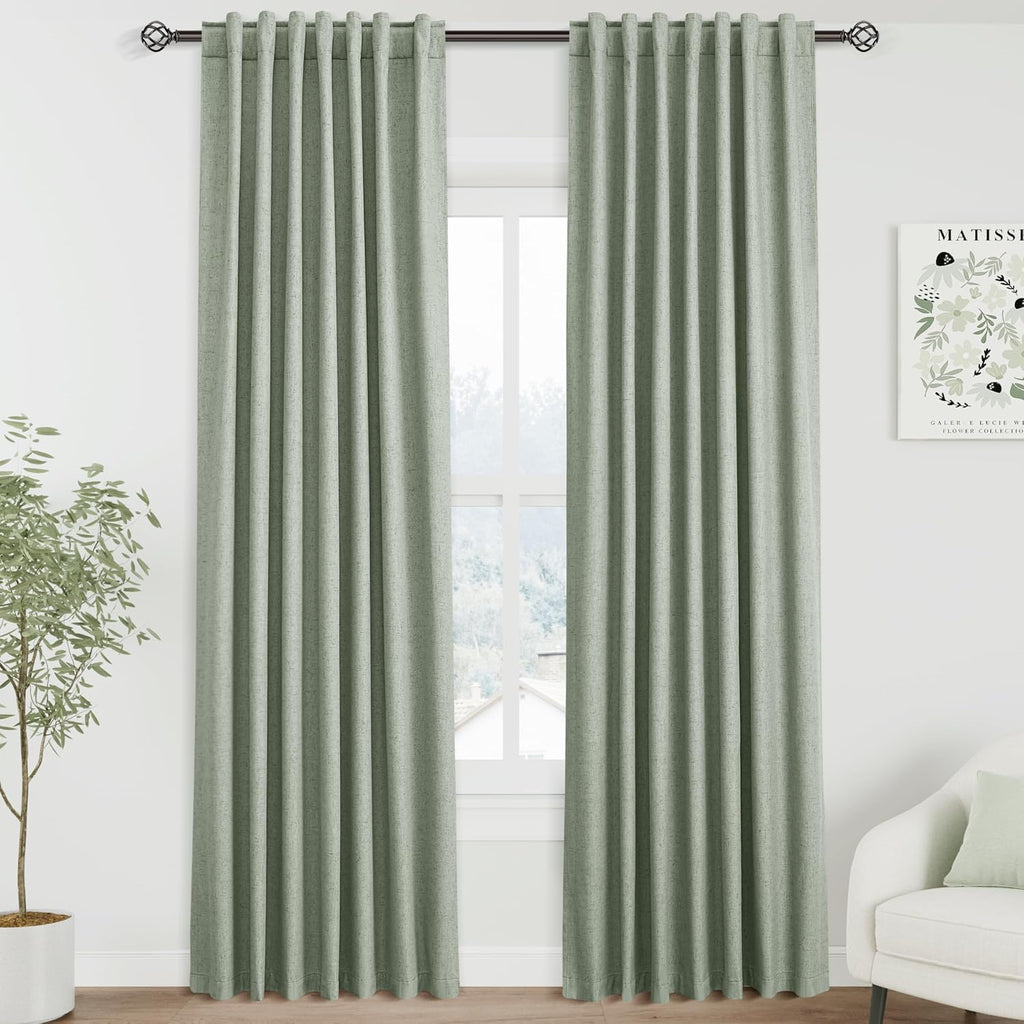 Nanspring Desert Sage 100% Blackout Linen Curtains 84 Inch Length 2 Panels Set for Bedroom Back Tab Modern Farmhouse Decor Black Out Curtai…