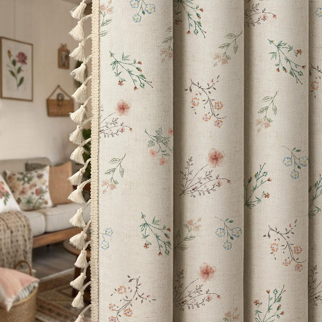 XOGUIBO Farmhouse Floral Curtains 96 Inches Long 100% Blackout Living Room Drapes, Linen Blend Bohemian Window Curtain Panels with T…