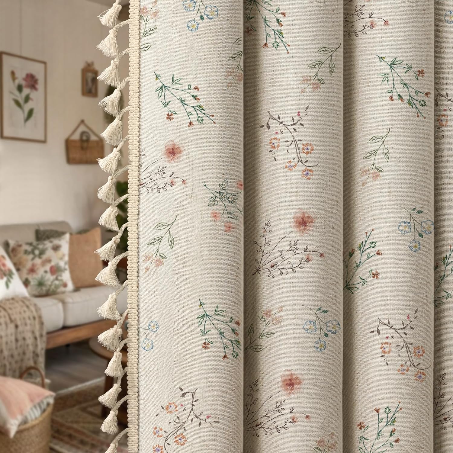 XOGUIBO Farmhouse Floral Curtains 96 Inches Long 100% Blackout Living Room Drapes, Linen Blend Bohemian Window Curtain Panels with T…