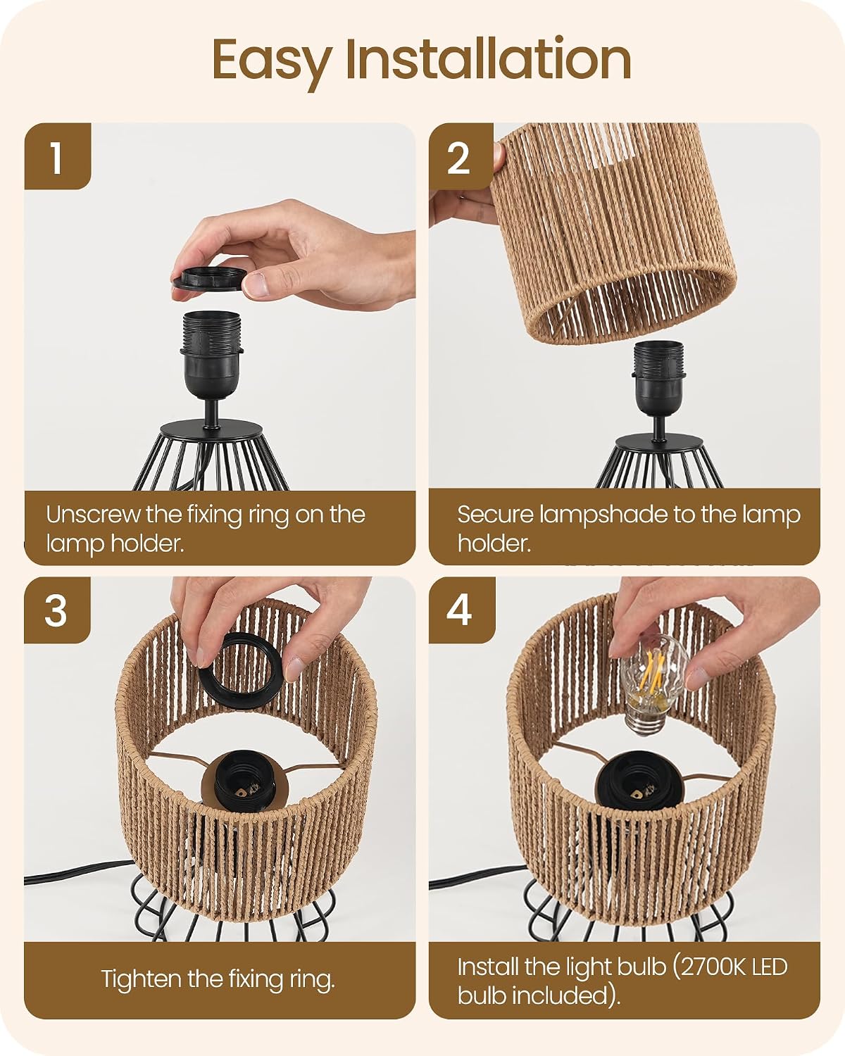 Rattan Table Lamp, Boho Table Lamp, Small Bedside Lamp, Handwoven Paper Lampshade, 2700K LED Bulb Included, Boho Desk Lamp, Modern…