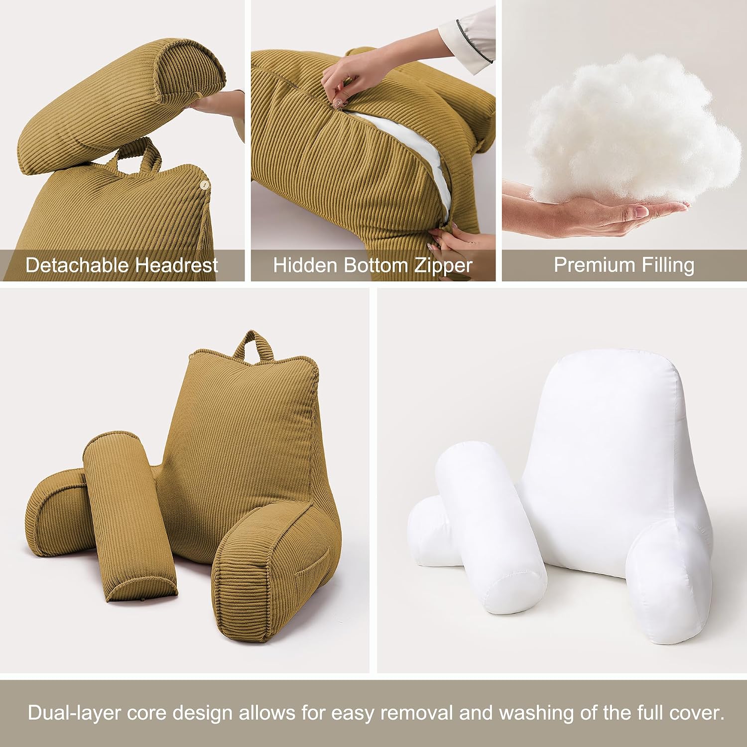 Ailuteie Bed Rest Reading Pillow, Backrest Pillow with Arms, Corduroy Back Support Cushion with Side Pockets & Washable Cover, for Sitting…