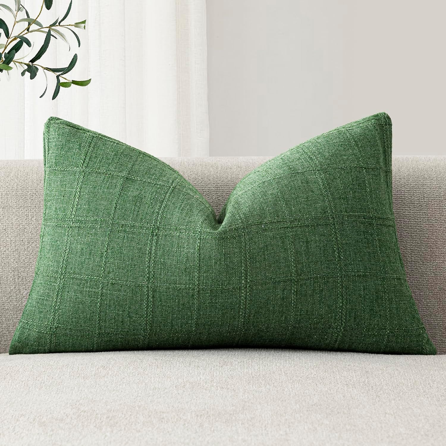 Foindtower Set of 1 Decorative Linen Check Throw Pillow Cover Neutral Farmhouse Lumbar Cushion Cover Modern Boho Accent Home Decor for…
