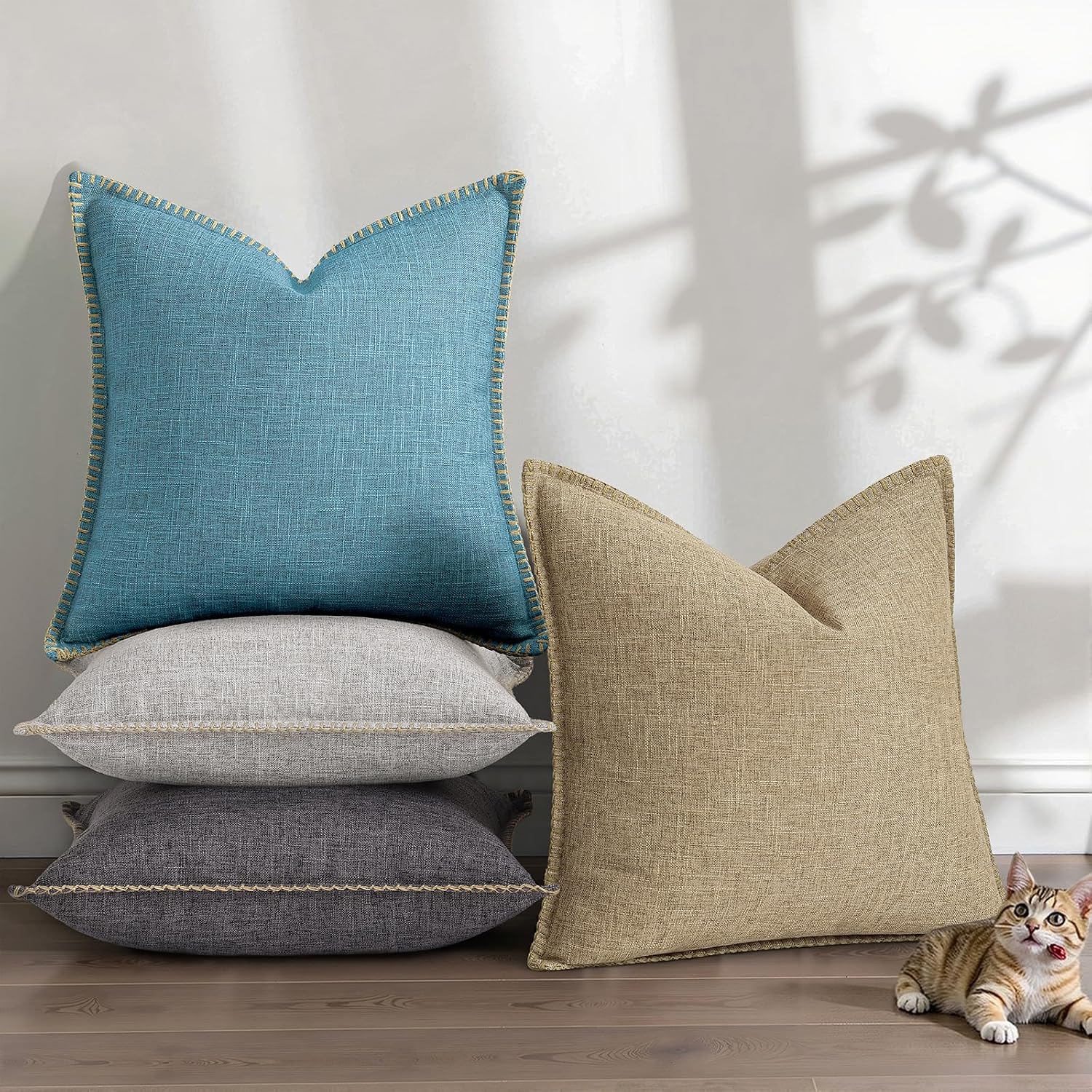 decorUhome Summer Decorative Throw Pillow Covers 22x22 Set of 2 Square Faux Linen Farmhouse Euro Sham Pillow Covers with Stitched Edge…