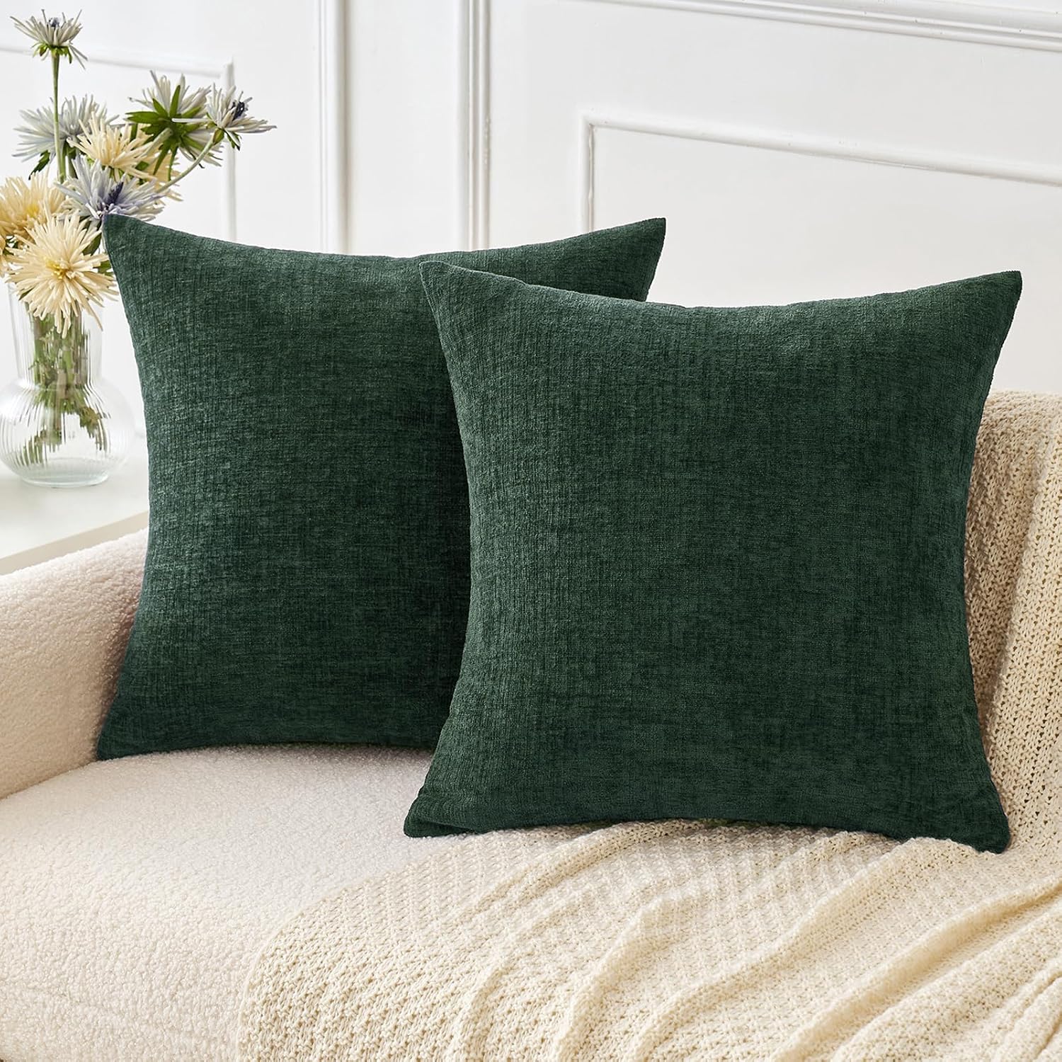 Miulee Pack of 2 Green Throw Pillow Covers 18x18 Inch Soft Chenille Pillow Covers for Sofa Living Room Couch Solid Dyed Cases wood Green