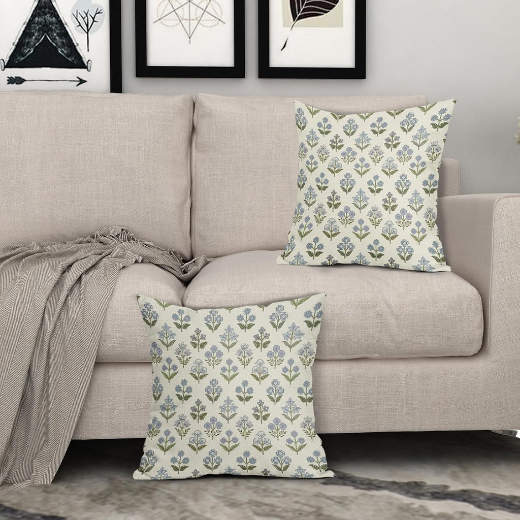 Blue Green Block Print Pillow Covers 20x20 Inch Set of 2, Vintage Floral Spring Decorative Throw Pillow Cases Boho Cushion Covers Rustic…