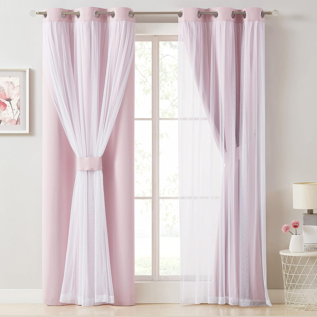 Bujasso Pink Blackout Curtains with Sheer Overlay Mix and Match Double Layer 80% Room Darkening Window Treatment Set for Girls Bedroom Livi…