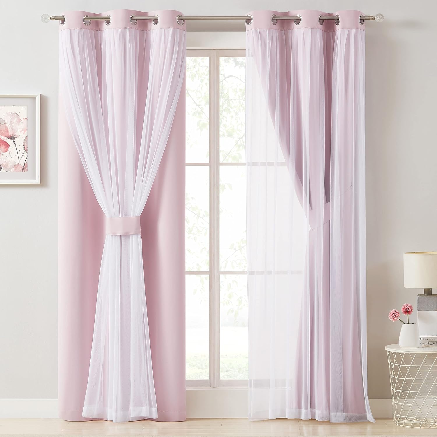 Bujasso Pink Blackout Curtains with Sheer Overlay Mix and Match Double Layer 80% Room Darkening Window Treatment Set for Girls Bedroom Livi…