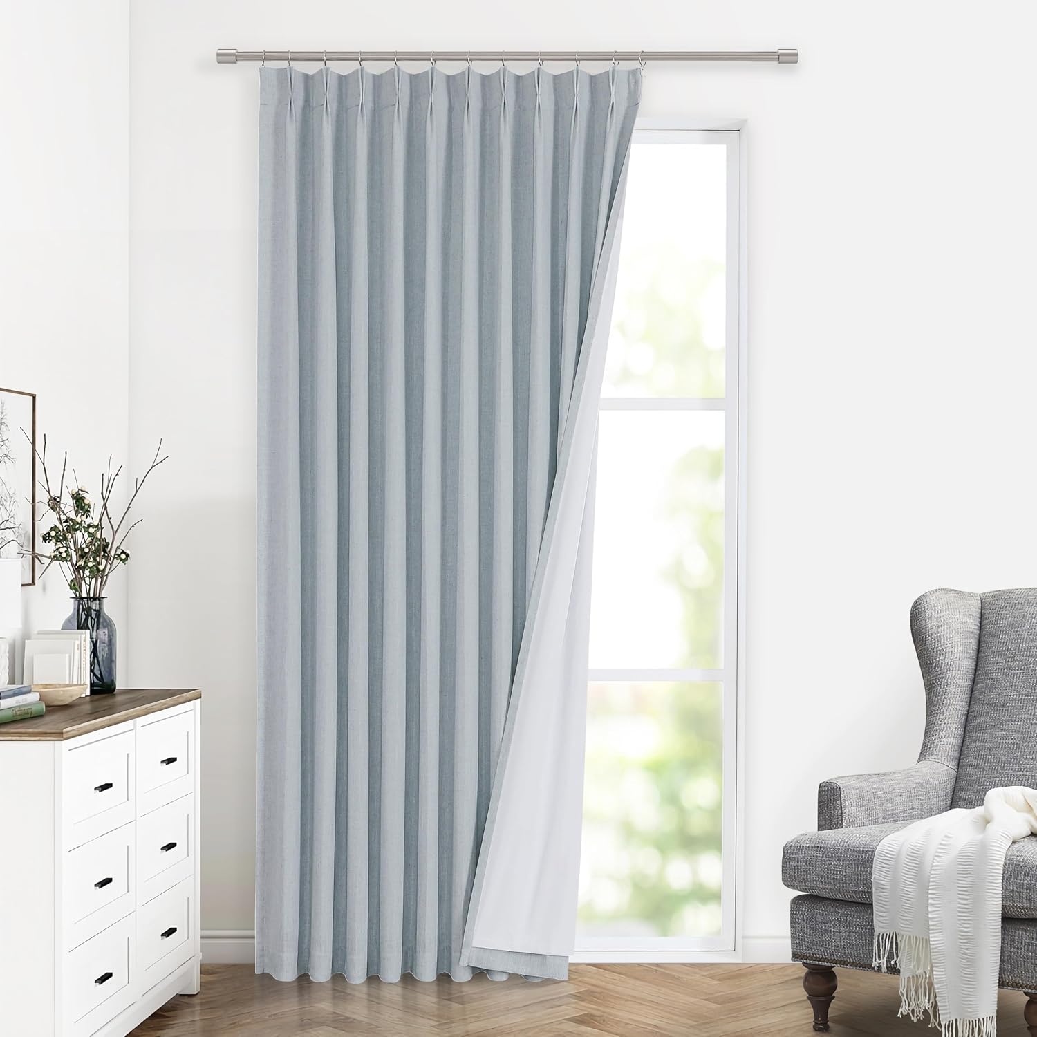 VisionHome Vision Home Blue Fog Pinch Pleated Full Blackout Curtains Linen Blended Room Darkening Window Curtains 102 inch for Living Room…