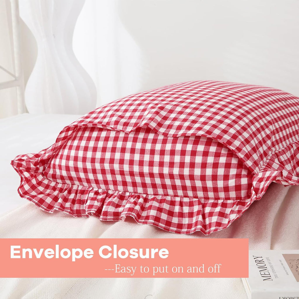 Kmasaniji 2 Pack Red White Plaid Ruffle Gingham Pillow Shams Standard Size, 100% Washed Cotton Buffalo Checkered Farmhouse Bed Pillow Cover…