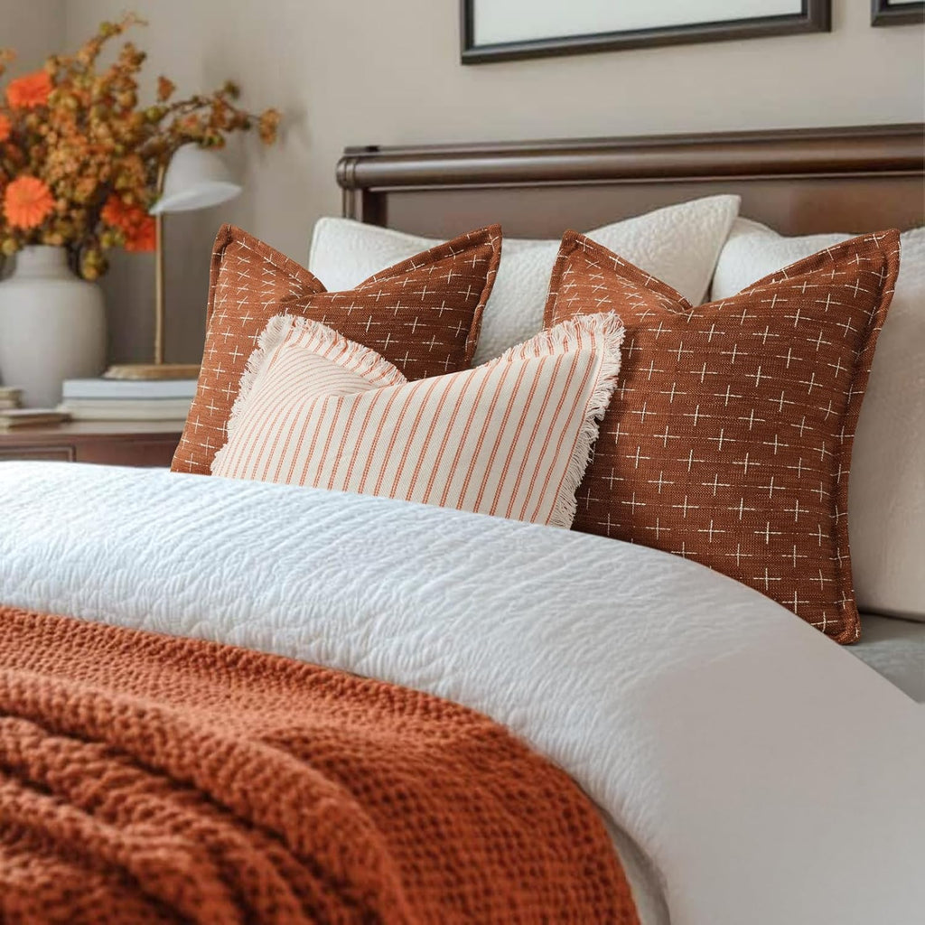 Zwjd Fall Pillow Covers 16x16 Set of 2 Soft Polyester Textured Rust Pillow Covers with Stylish Flange Edge Cozy Farmhouse Throw Pillows for…