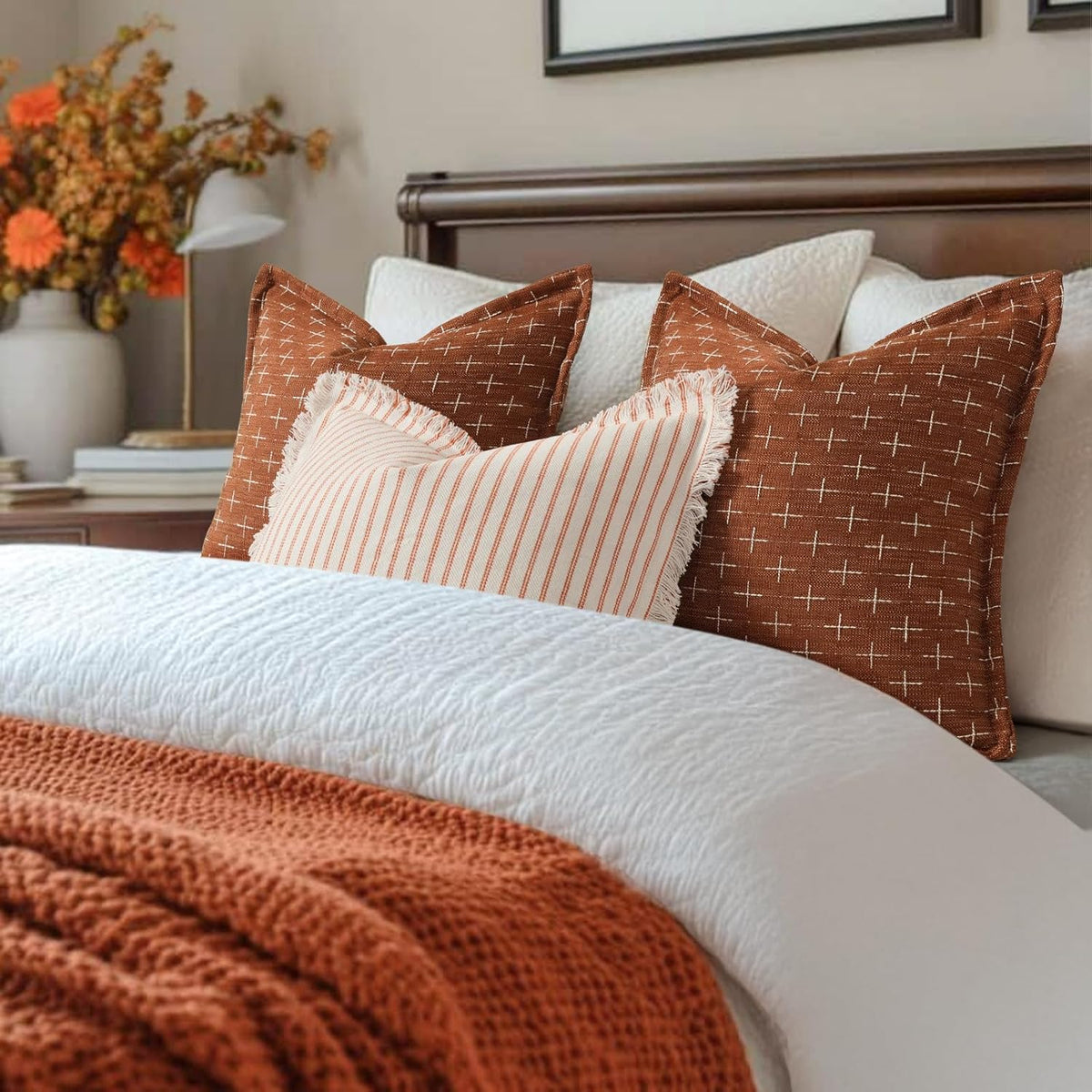 Zwjd Fall Pillow Covers 22x22 Set of 2 Soft Polyester Textured Rust Pillow Covers with Stylish Flange Edge Cozy Farmhouse Throw Pillows for…