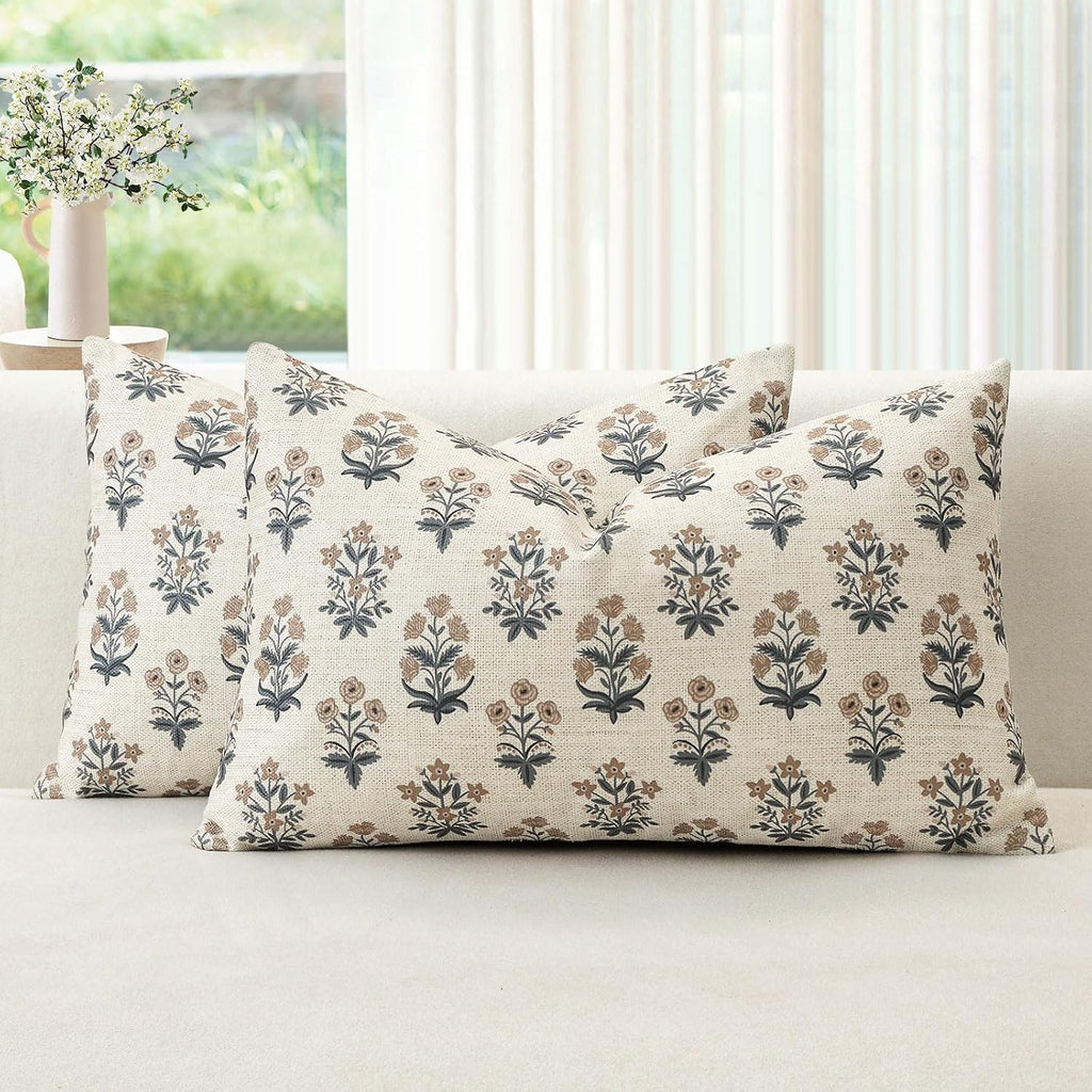 OTOSTAR Floral Print Pillow Covers 16x24 Inch Pack of 2 Double-Sided Brown Grey Flower Lumbar Throw Pillow Covers Farmhouse Rustic…