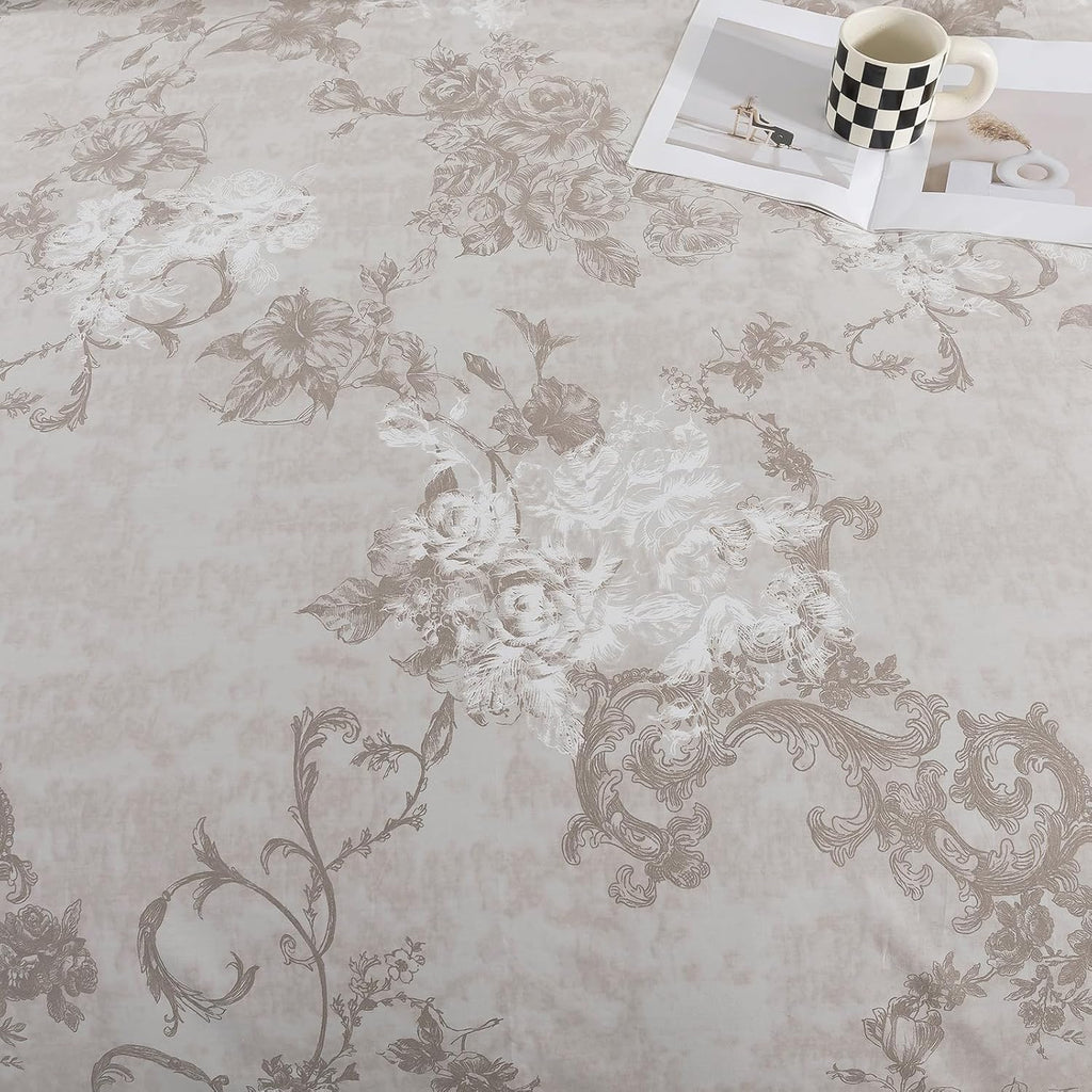 Puralens Vintage Floral Greige Percale Duvet Cover Set, King 100% Cotton Cottage Zipper Comforter Cover, Crisp Neutral Toile Bed Cover Set…
