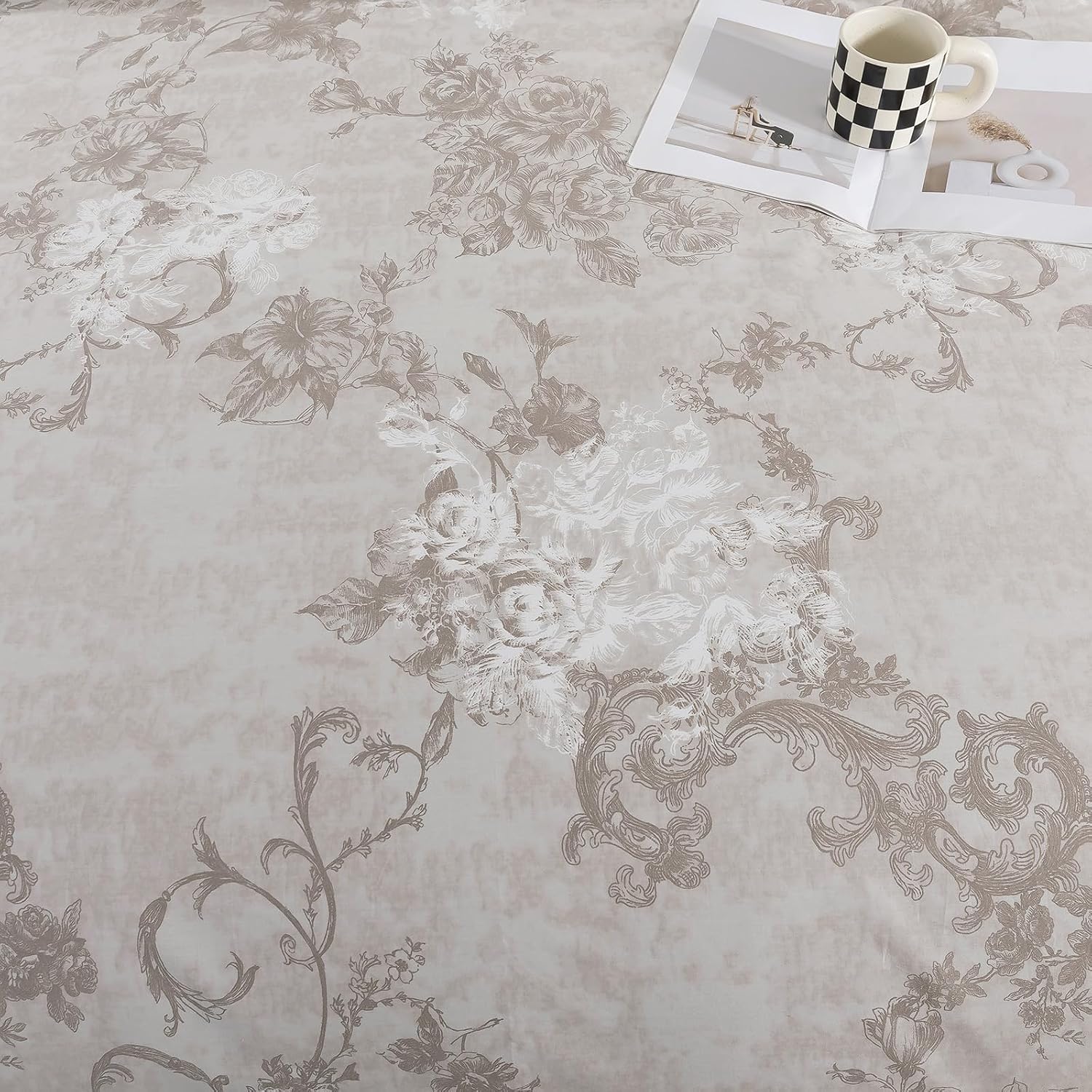 Puralens Vintage Floral Greige Percale Duvet Cover Set, King 100% Cotton Cottage Zipper Comforter Cover, Crisp Neutral Toile Bed Cover Set…