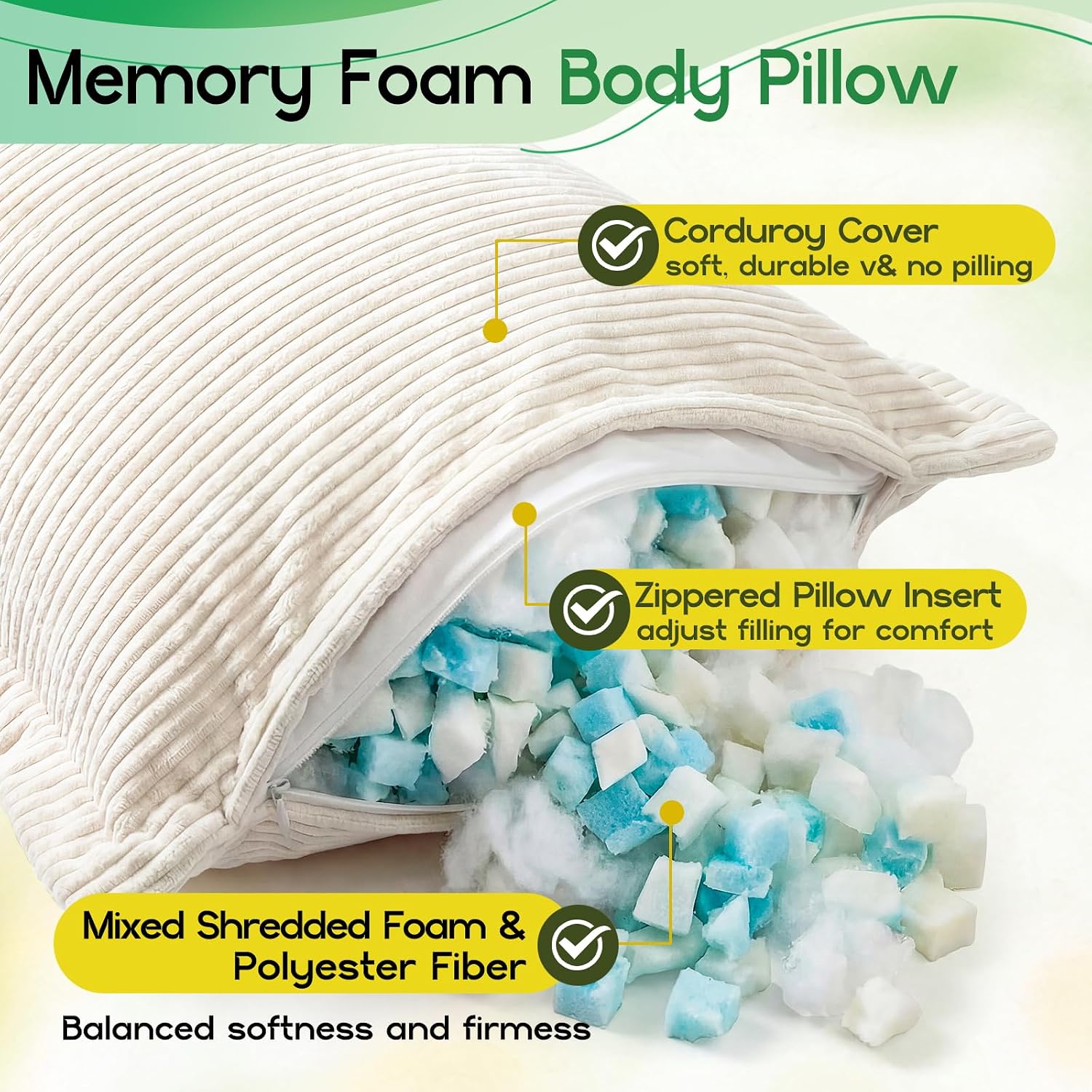 1 MIDDLE ONE Body Pillow, Memory Foam Body Pillows for Adults Sleeping, Long Pillow for Bed, Large Full Body Pillow for Side Sleeper with…