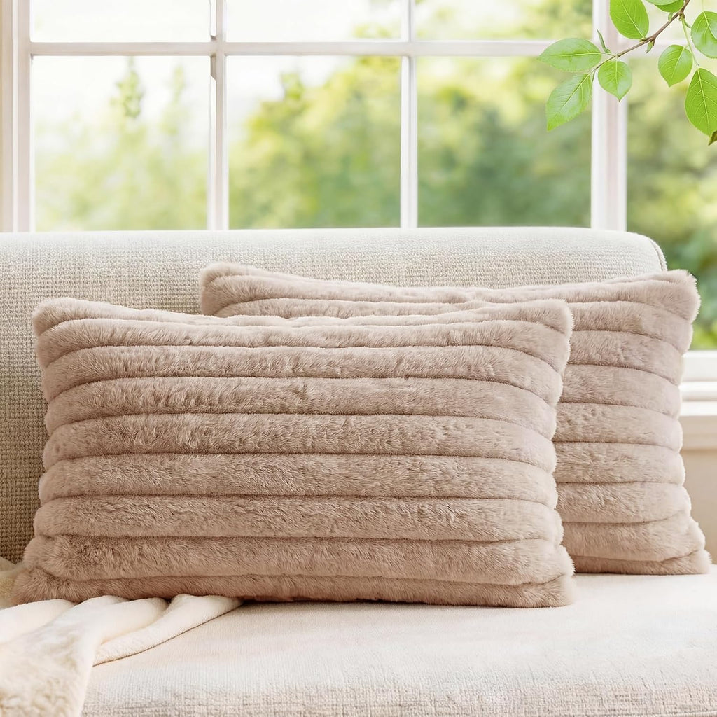 MEGAYES Pack of 2 Throw Pillow Covers 20x12 Decorative Solid Plush Faux Fur with Soft Velvet Back, Square Striped Cushion Cases Mode…