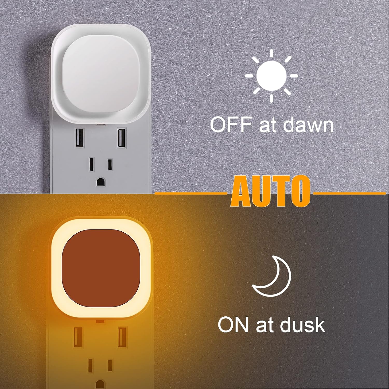 YUNLEX 2 Pack Amber Night Light, Dusk to Dawn Sensor, Warm Glare-Free Reflected Glow, 3-Level Dimmer, Auto On/Off, Plug-in LED Nightlight…